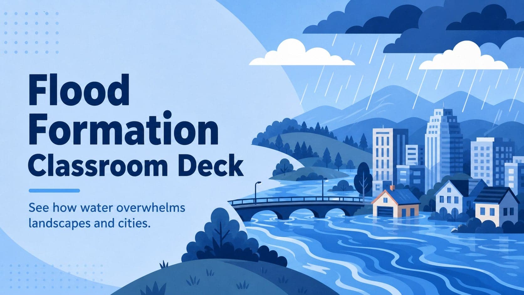Blue illustrated cover for the Flood Formation Classroom Deck with rain, river, and city flood imagery.