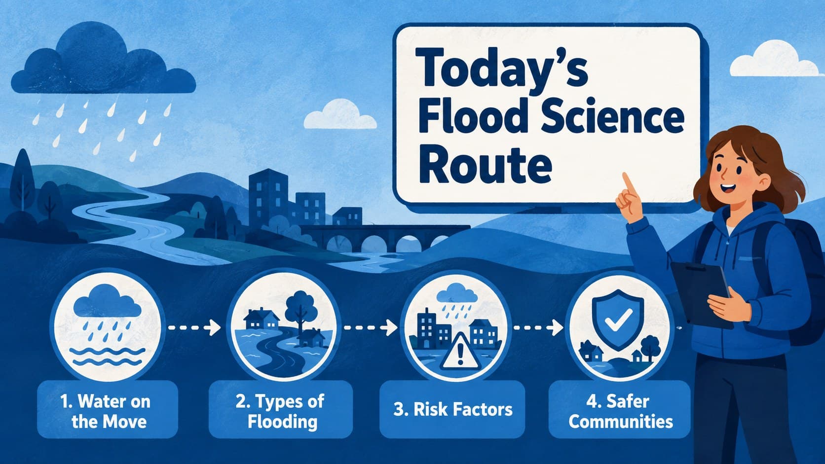 Flood science lesson agenda showing rainfall, flood types, risk factors, and community responses.