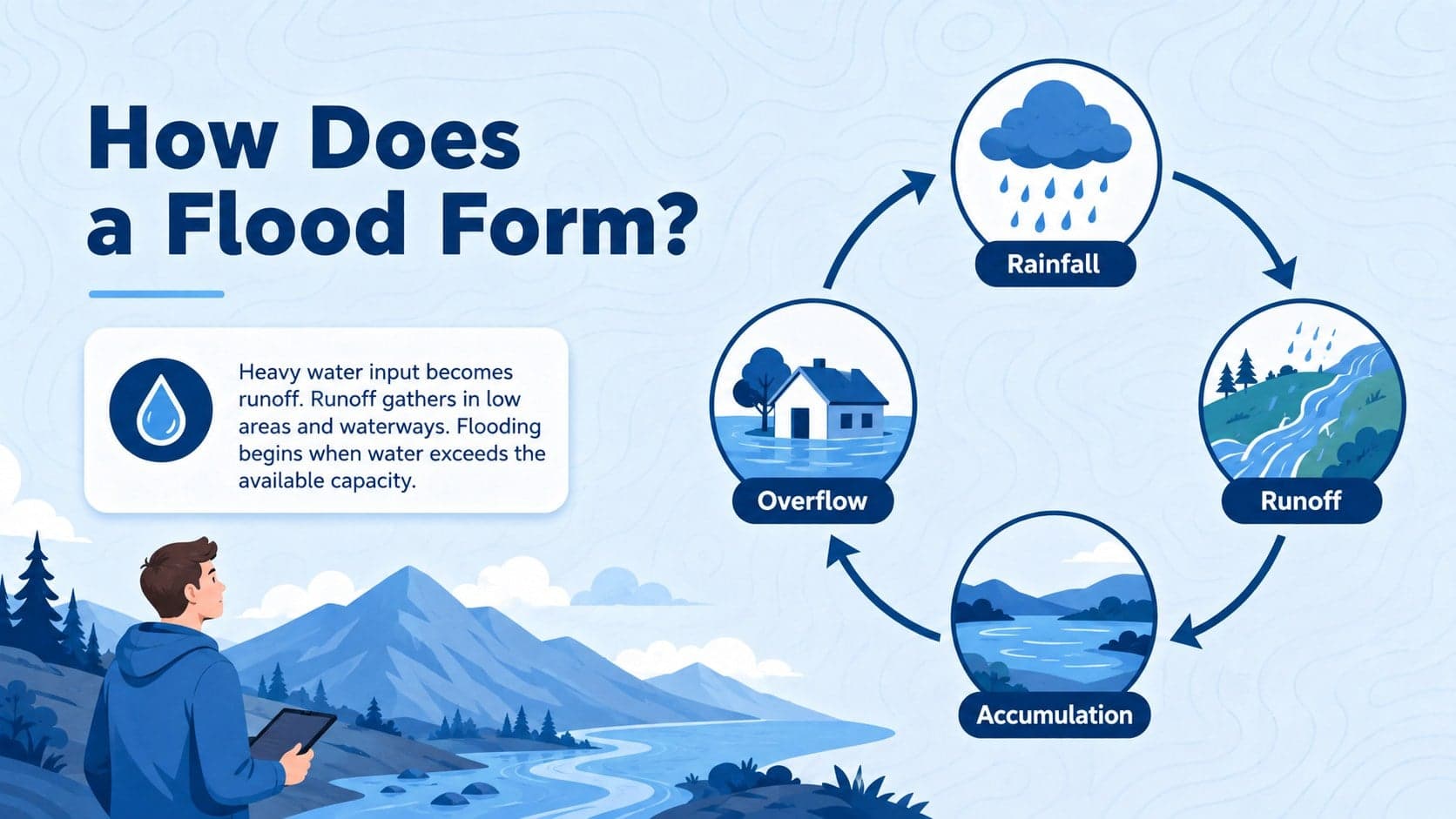Educational flood formation diagram explaining rainfall, runoff, accumulation, and overflow.