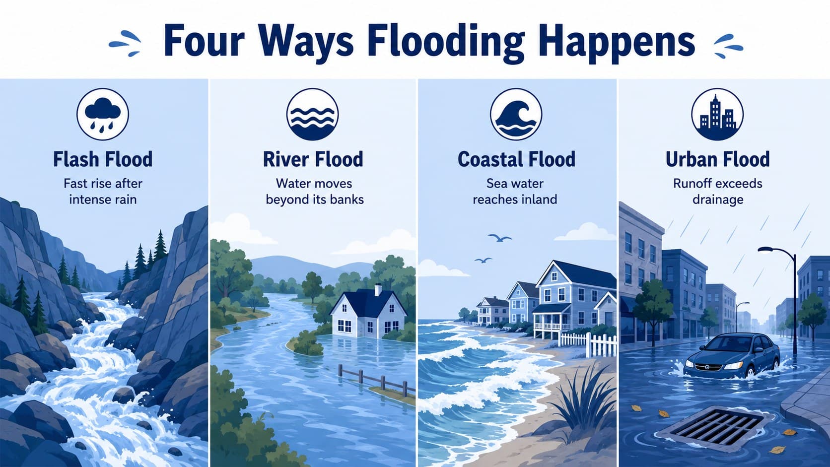 Blue classroom slide comparing flash floods, river floods, coastal floods, and urban flooding.