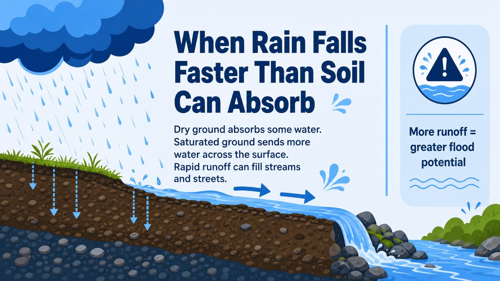 Heavy rainfall lesson slide showing how saturated soil increases surface runoff and flood risk.