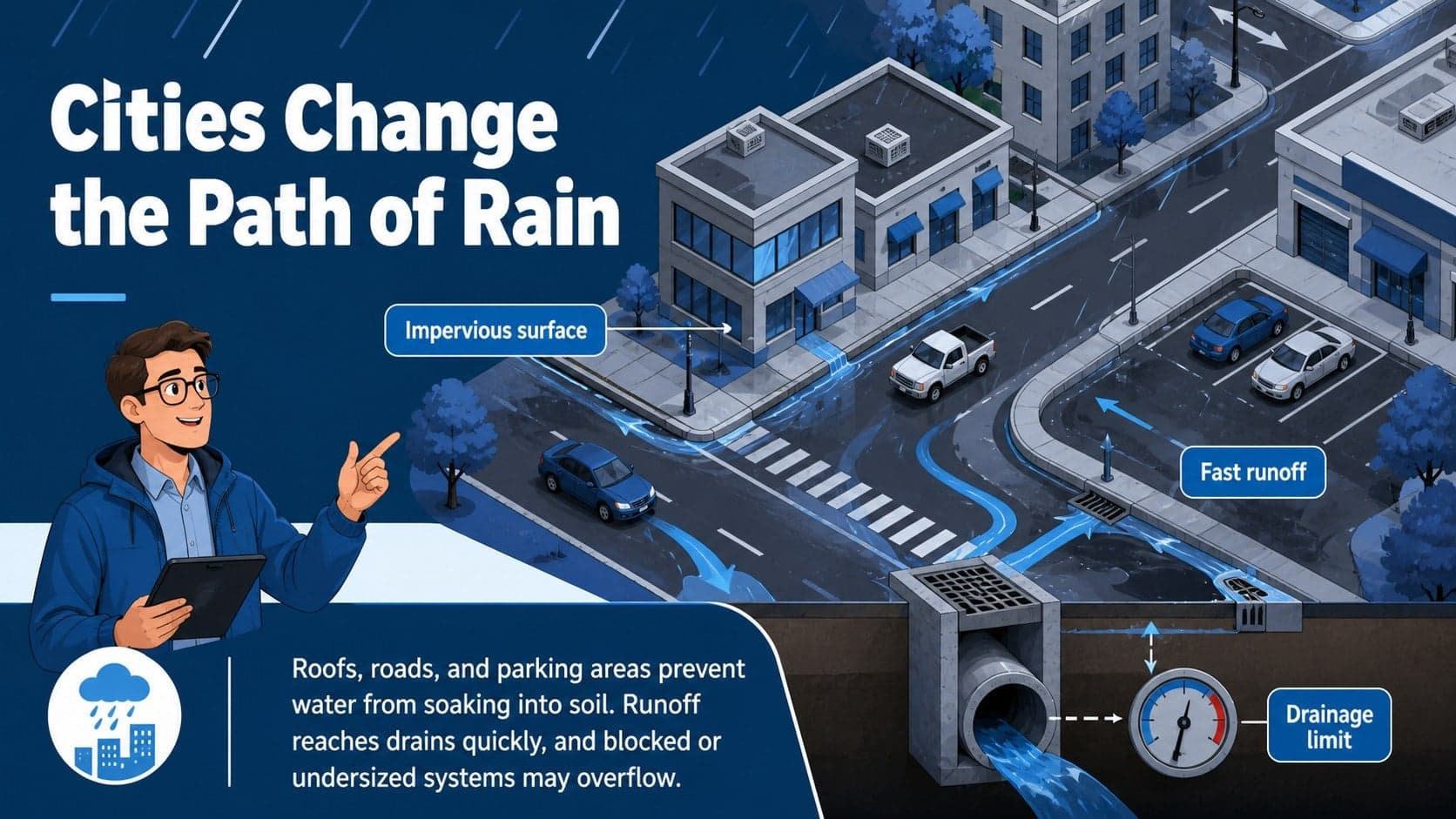 Urban drainage science lesson illustrating runoff from roofs, roads, and parking areas.