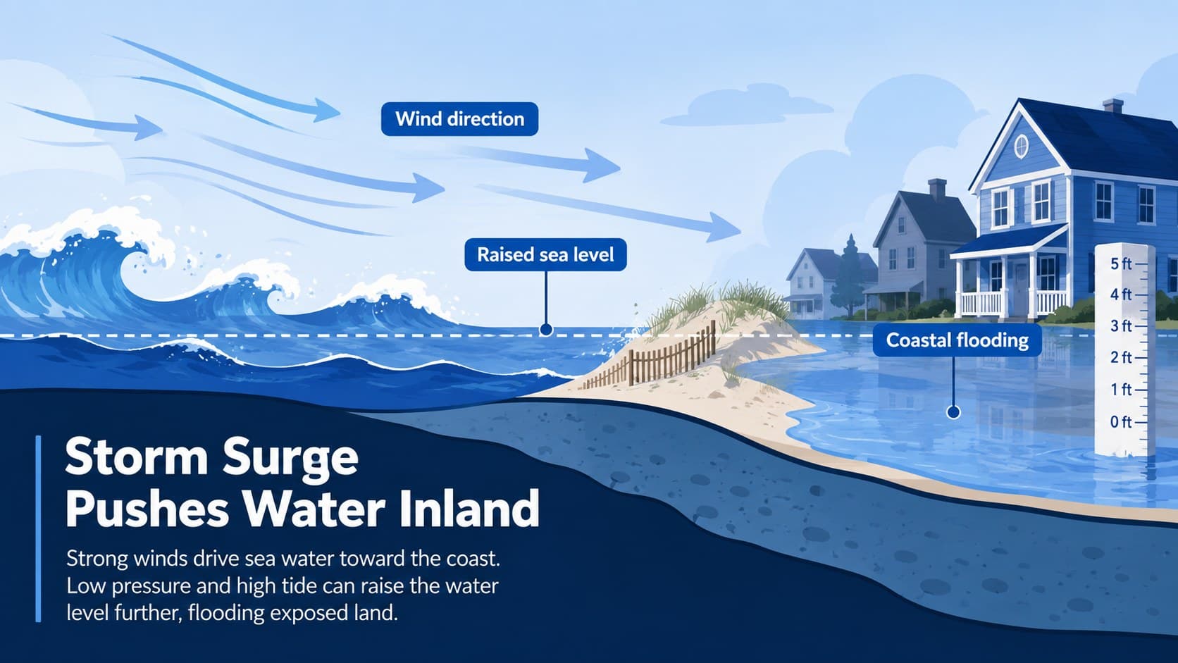 Coastal flood diagram explaining storm surge, strong winds, and high tide near a shoreline.