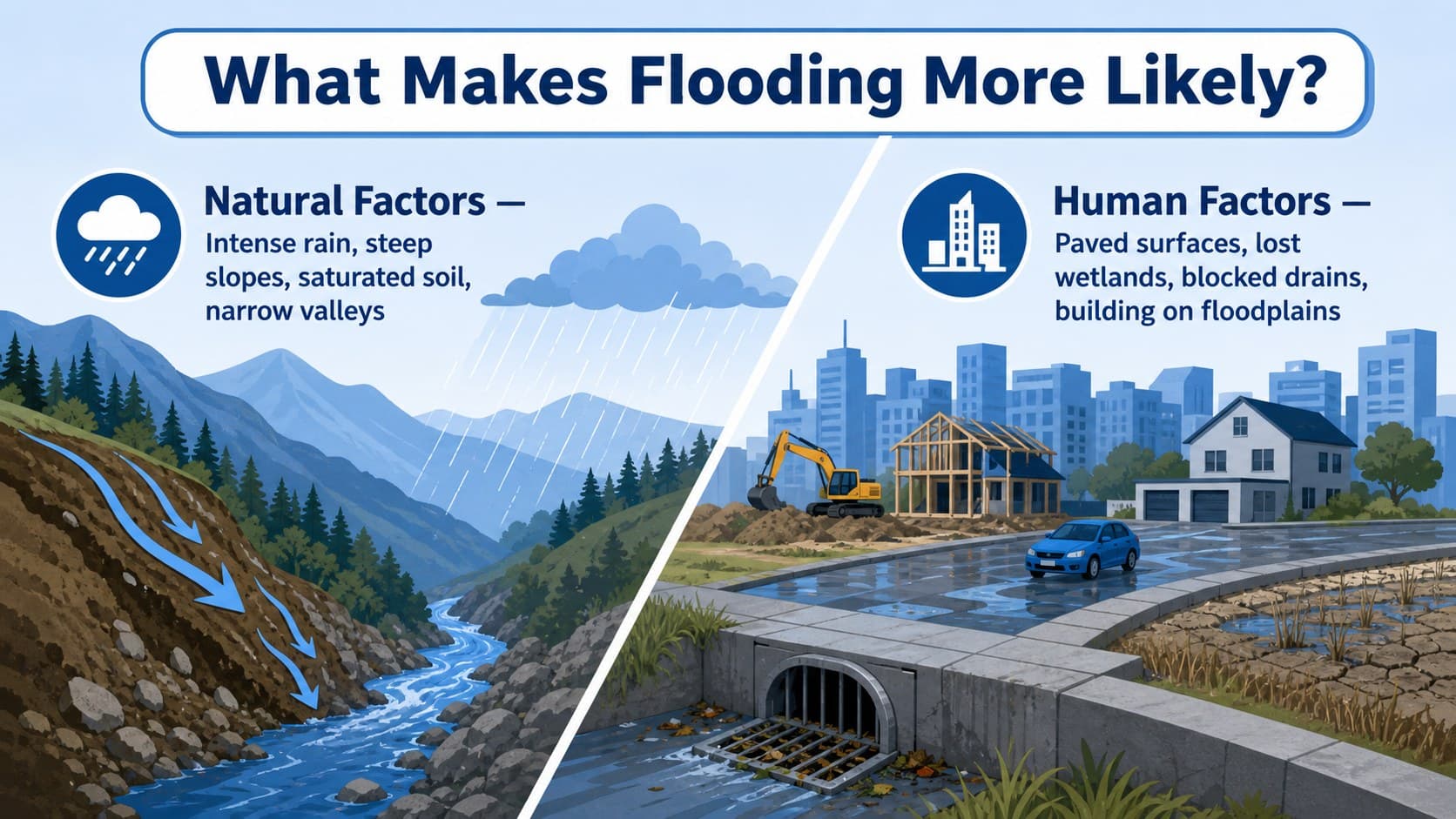 Flood risk factors lesson slide comparing natural conditions with human changes to the landscape.