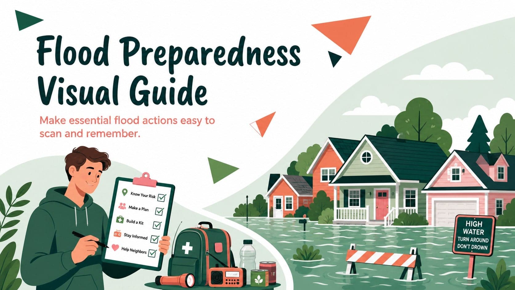 Cover slide for a Flood Preparedness Visual Guide with colorful geometric accents and an original high-water safety illustration.