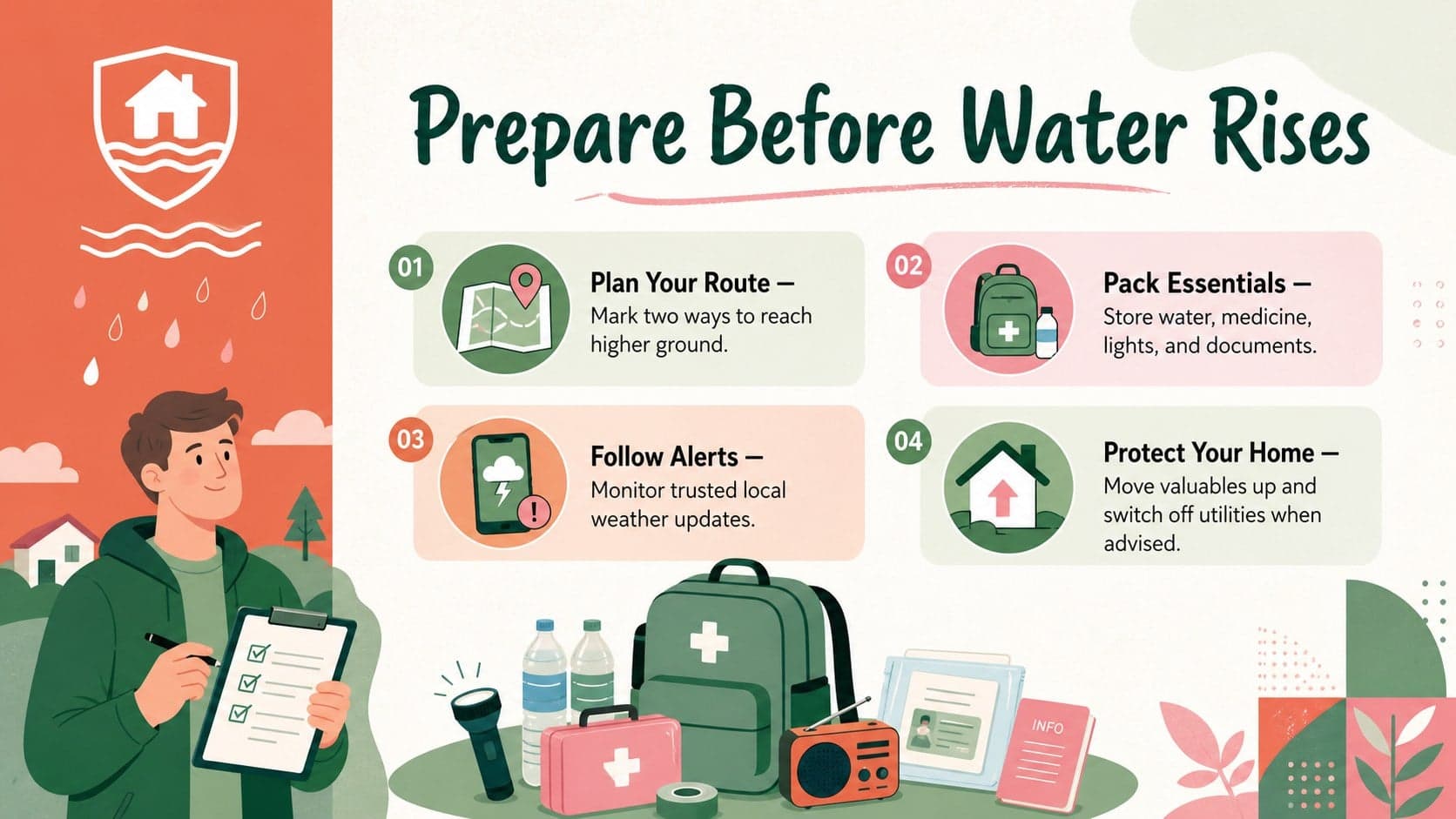 Flood evacuation checklist slide organizing preparation tasks into home, supplies, alerts, and route-planning sections.