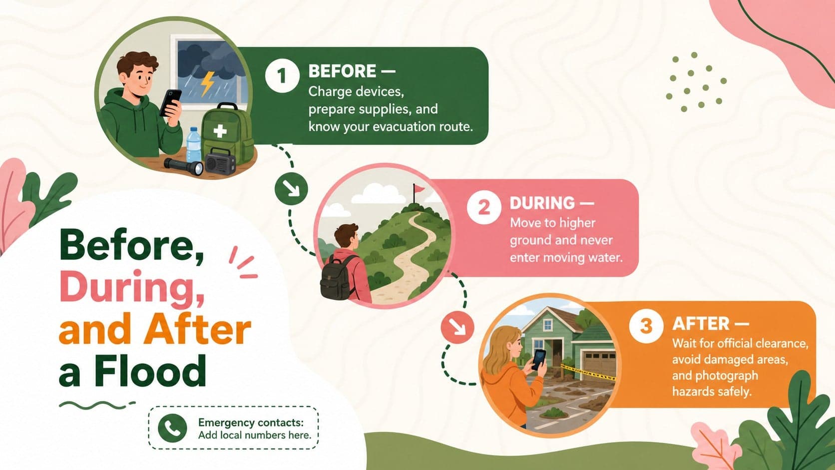 Before, during, and after flood infographic showing practical emergency actions in three illustrated stages.