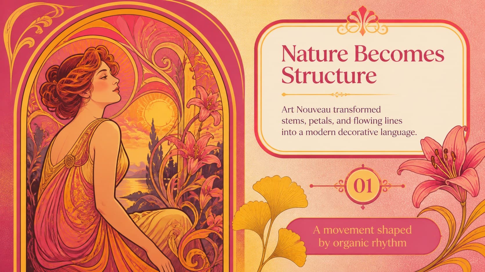 Botanical Art Nouveau history slide with an illustrated arch and concise movement overview.