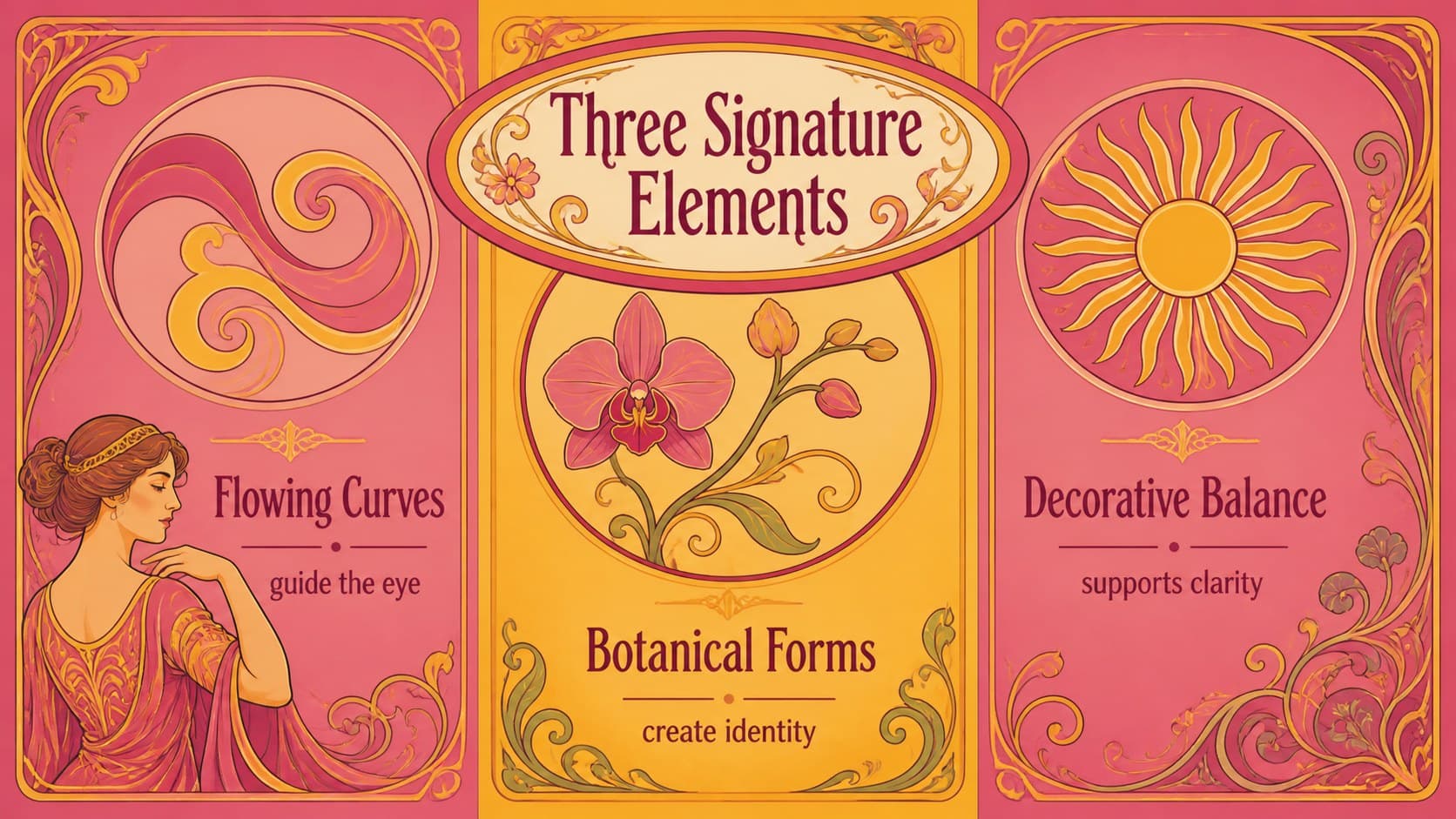 Pink and yellow Art Nouveau slide explaining curves, florals, and decorative balance.