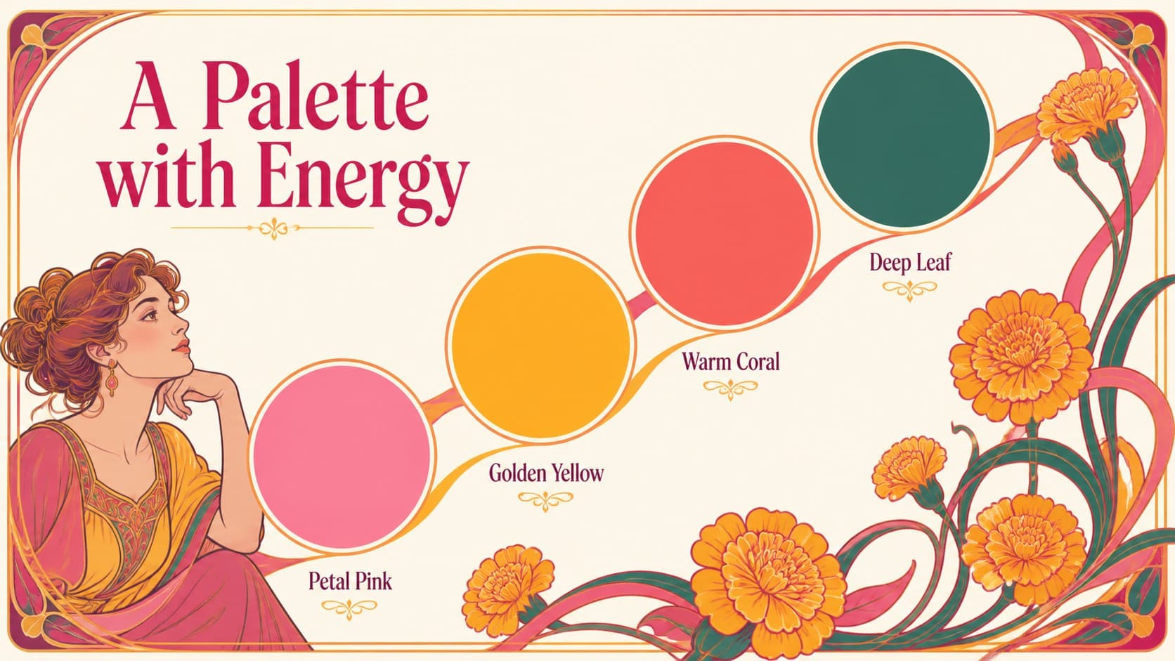 Art Nouveau color palette slide displaying pink, yellow, coral, and deep green swatches.