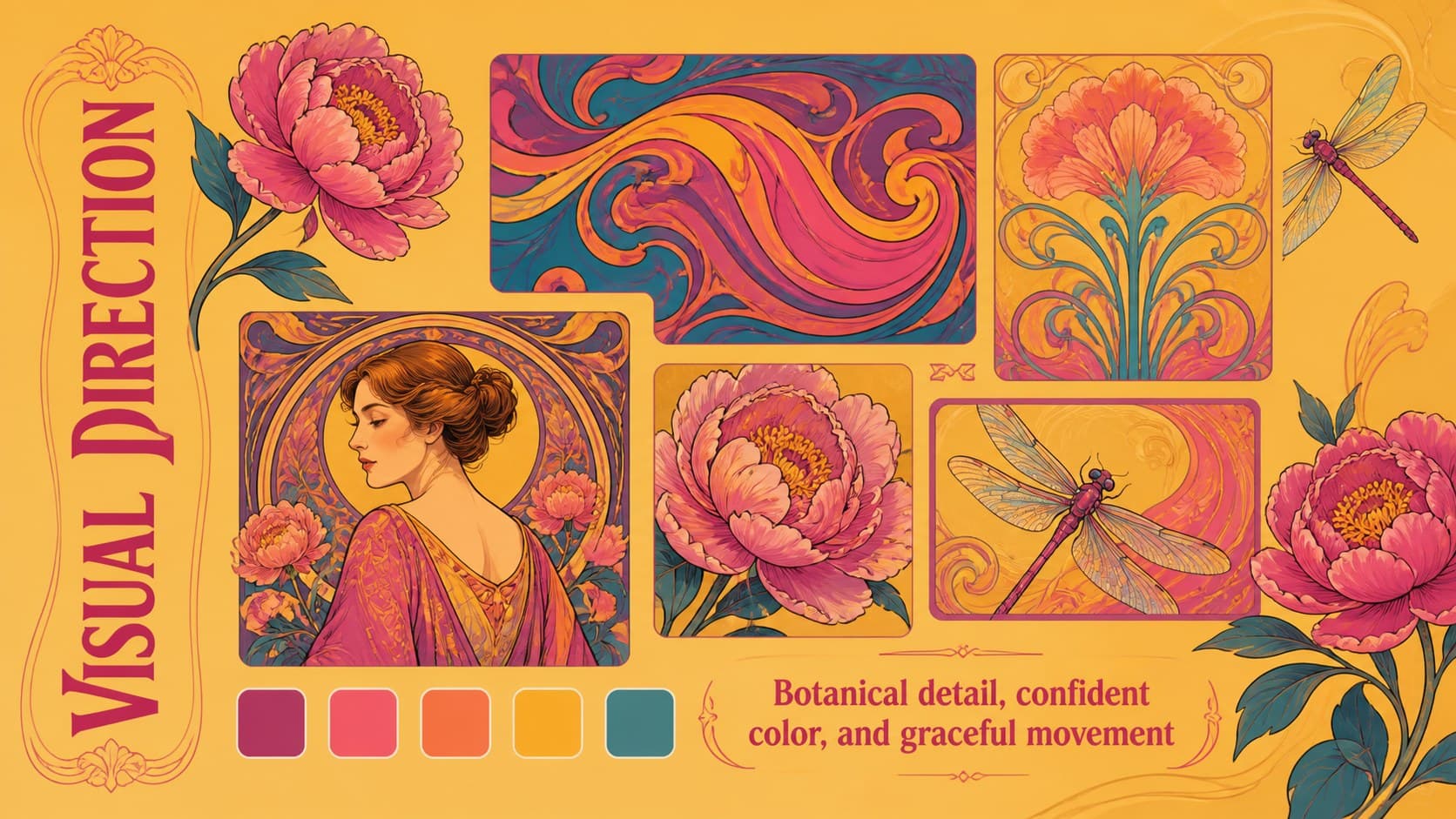 Art Nouveau moodboard slide with floral details, fashion imagery, and ornamental color samples.