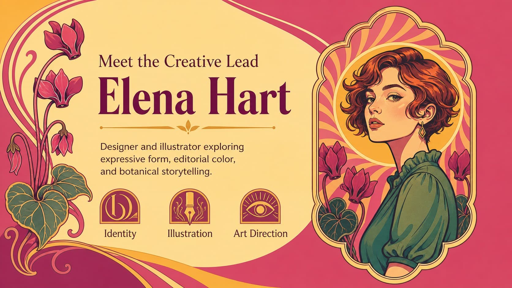 Art Nouveau portfolio presentation profile featuring an original Western creative professional.