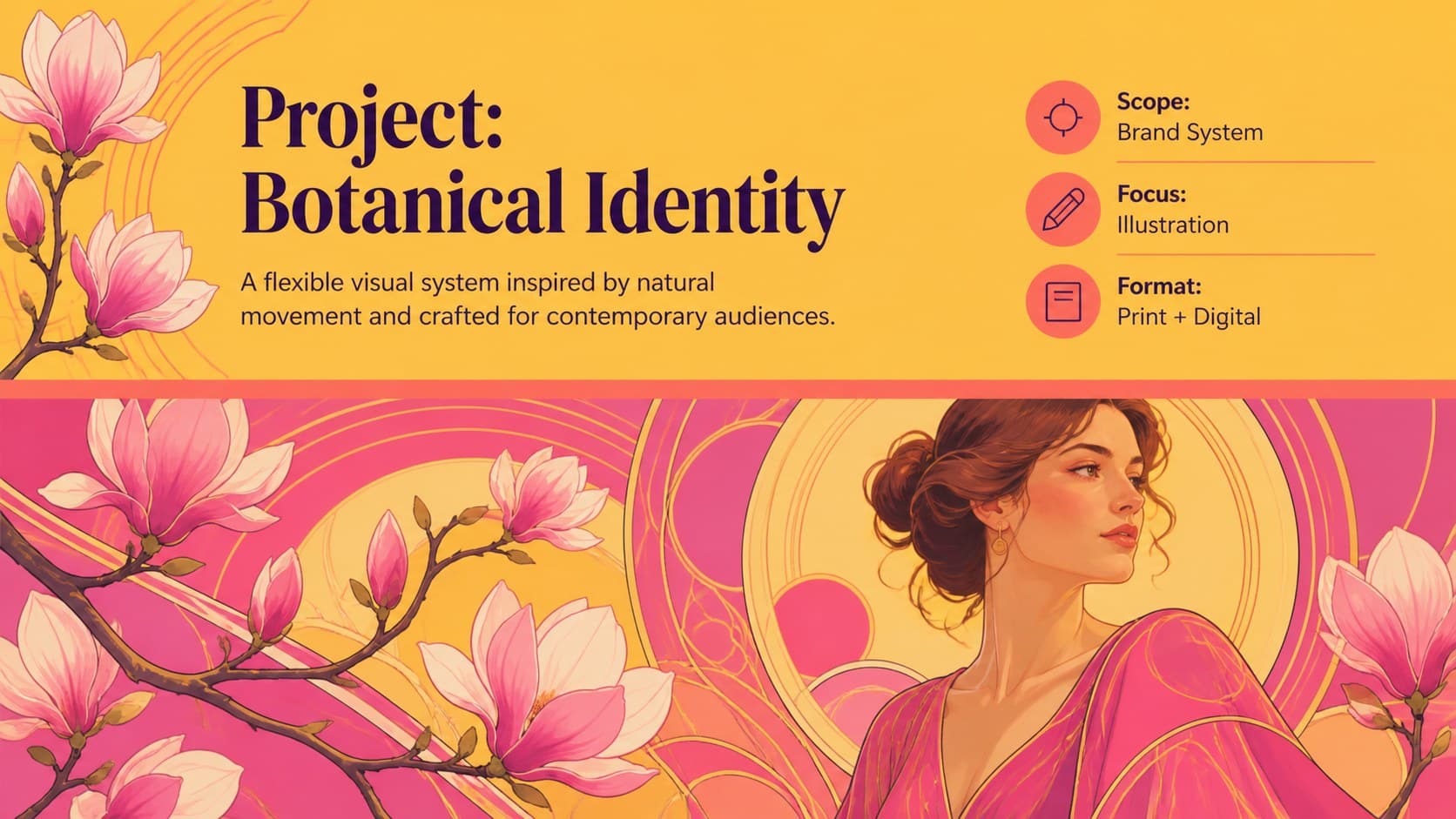 Ornamental creative pitch deck slide summarizing a botanical identity project.