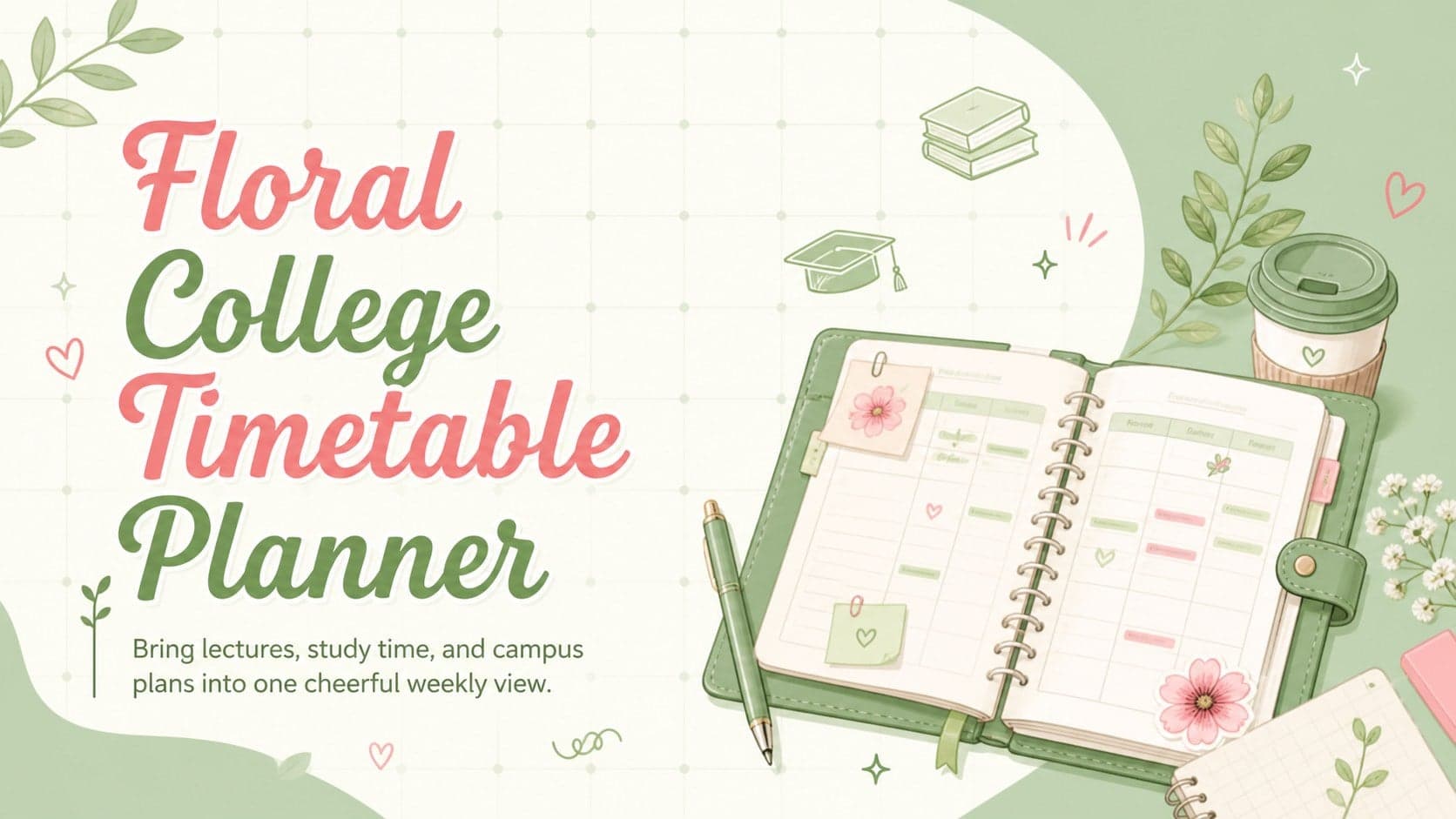 Cover for a floral college timetable planner with cheerful green botanical illustrations and playful academic lettering.