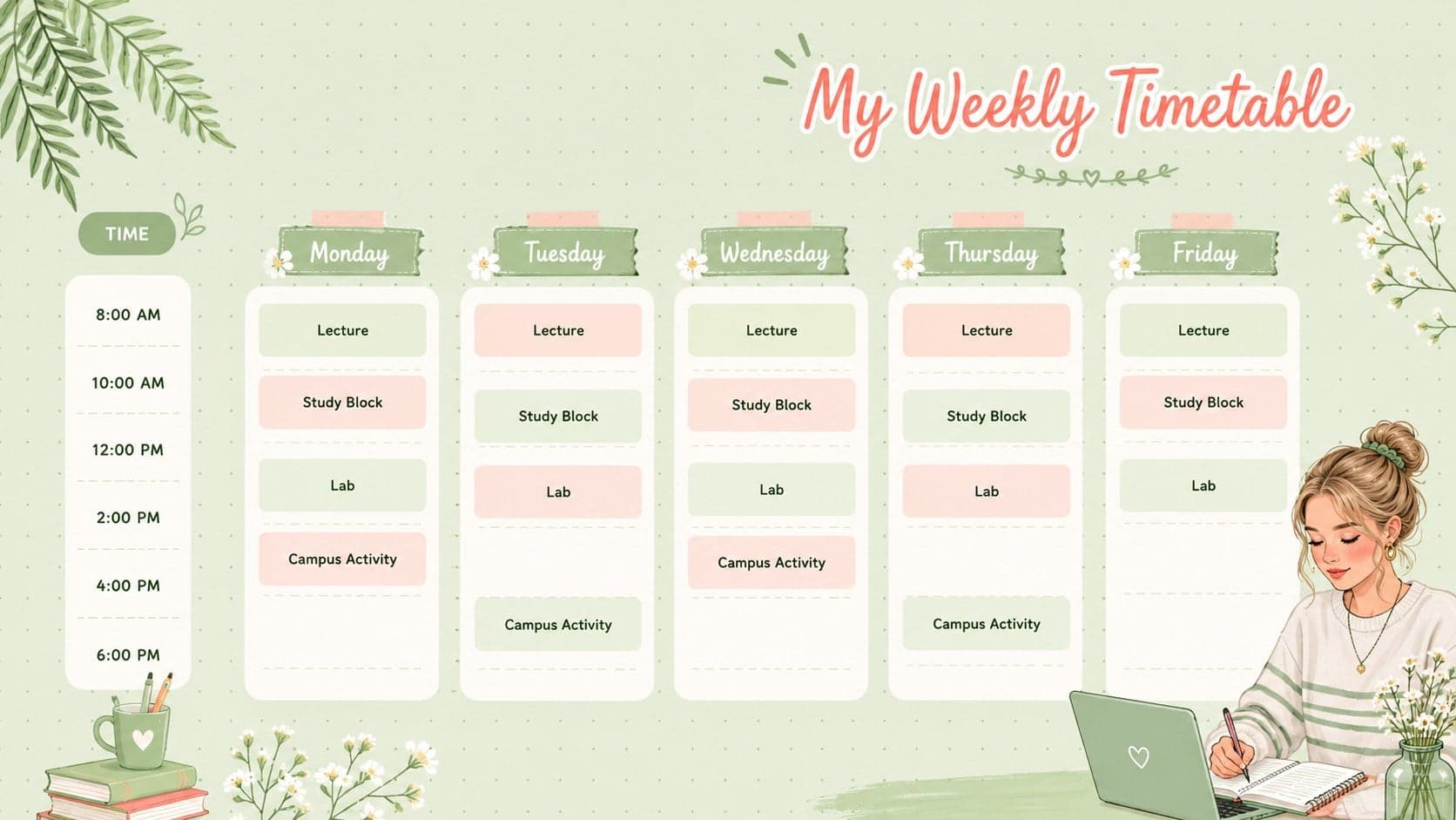 Editable weekly university timetable template with green floral accents, weekday columns, and organized lecture time slots.