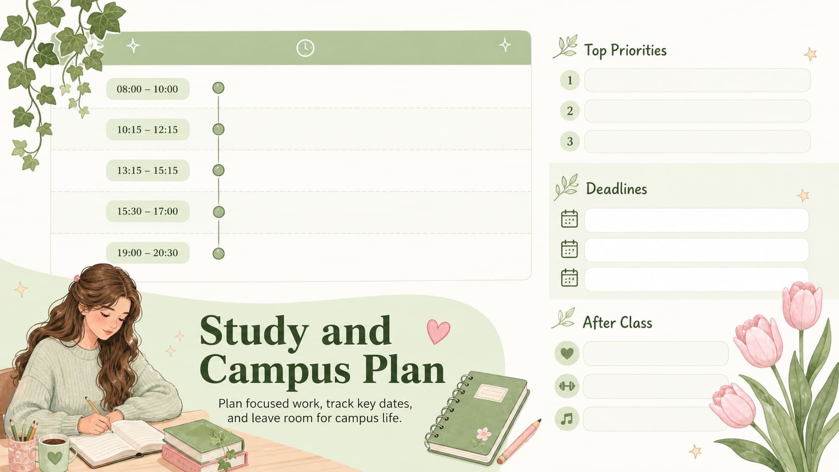 Green floral study planner slide for organizing priorities, study sessions, deadlines, and campus activities.
