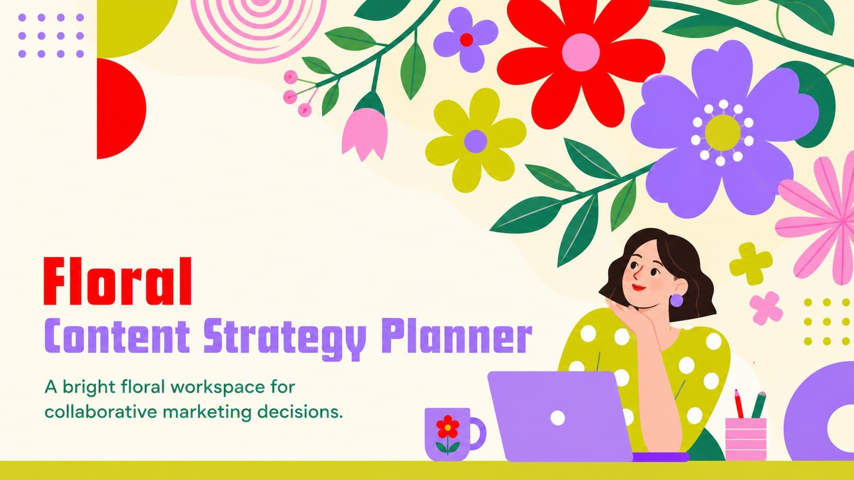 Cover of the Floral Content Strategy Planner with colorful botanical shapes and a bold campaign-planning headline.