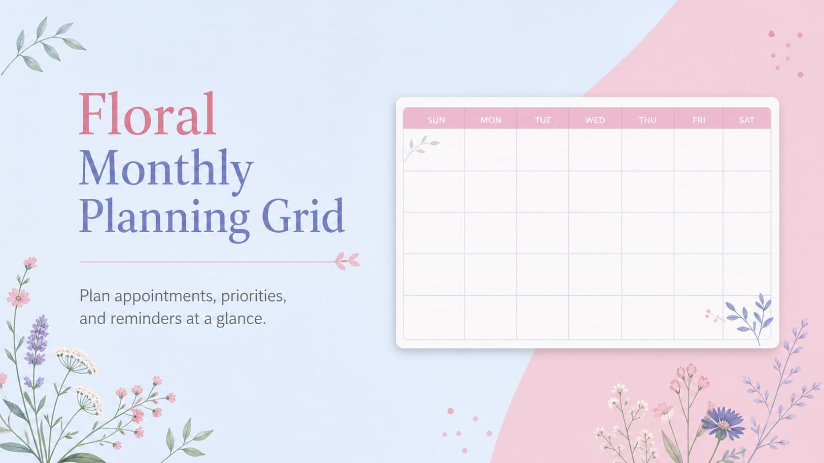 Cover of the Floral Monthly Planning Grid with pink and blue botanical accents around a clean scheduling title.
