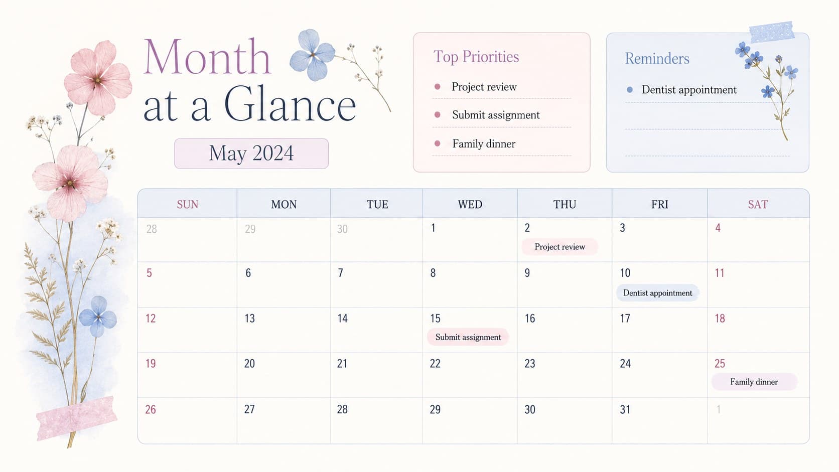 Pastel monthly schedule spreadsheet showing a dated calendar grid with priorities and reminder areas.