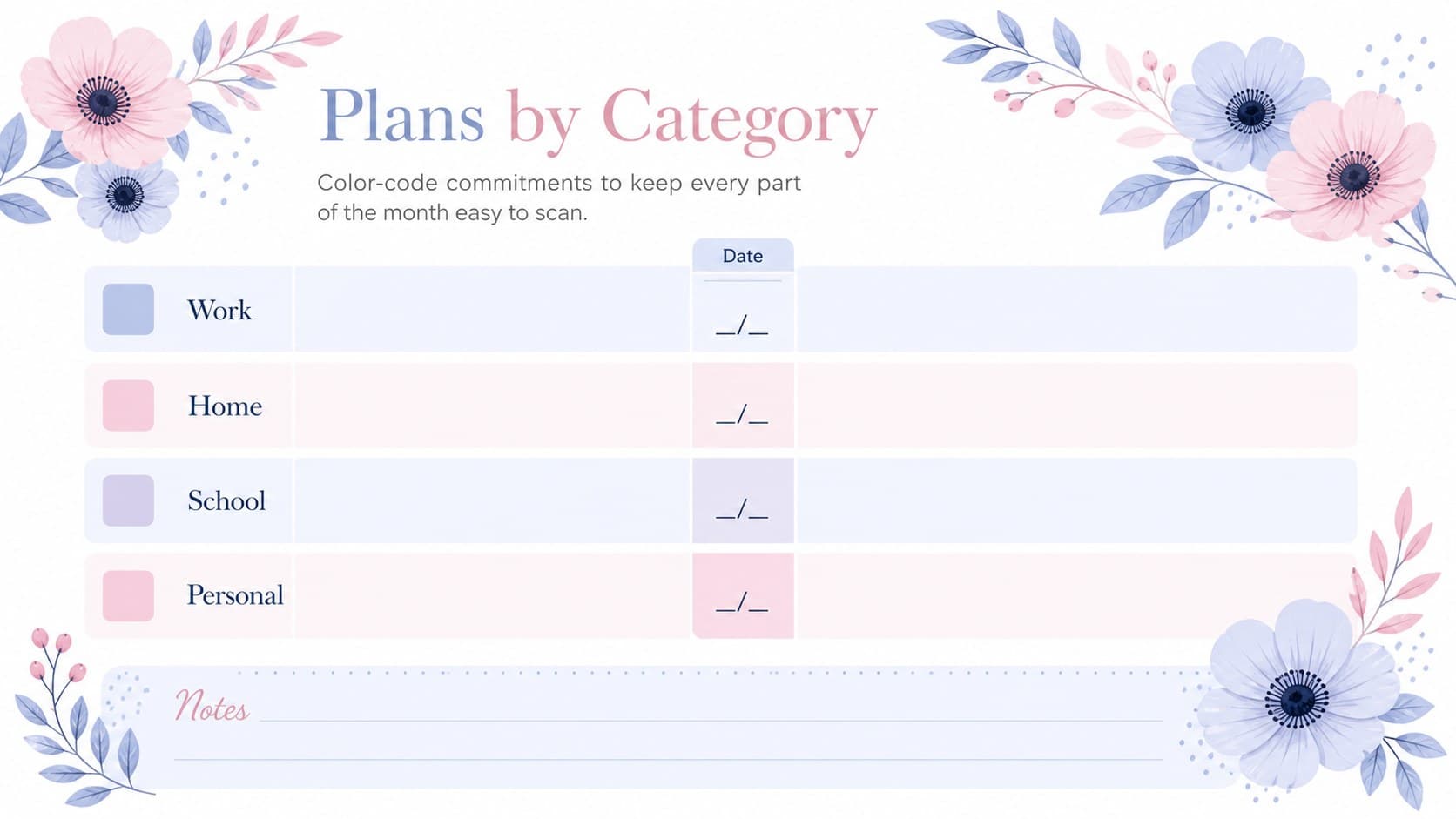 Editable floral monthly planner page organizing work, home, school, and personal priorities with pastel color coding.