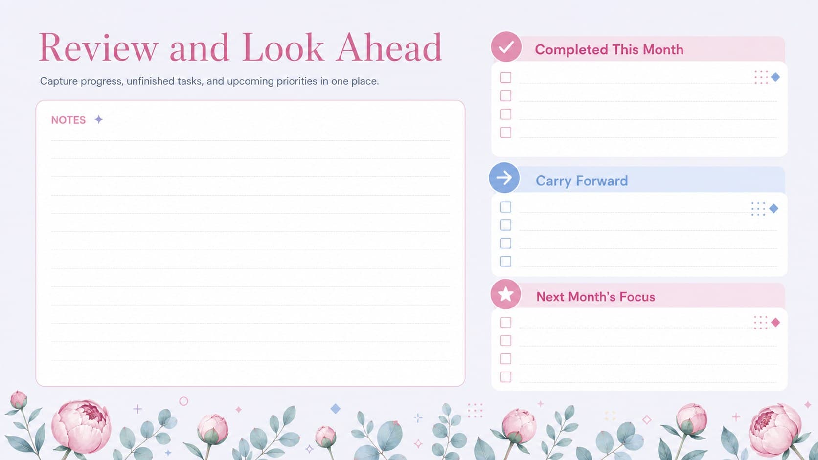 Floral monthly planning grid notes page with completed tasks, carryover items, and next-month priorities.