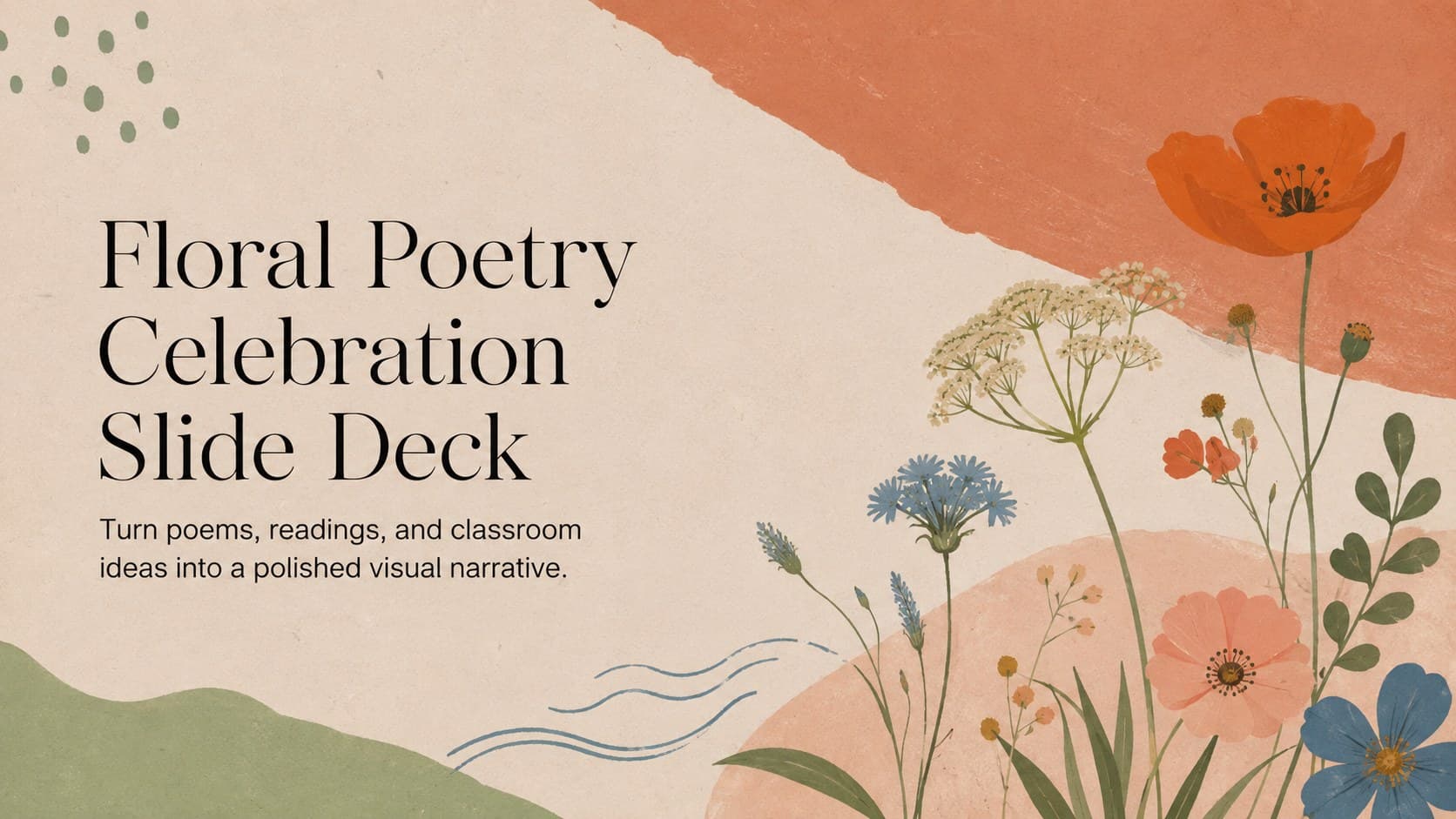 Cover of a Floral Poetry Celebration Slide Deck with warm orange and green botanical accents.
