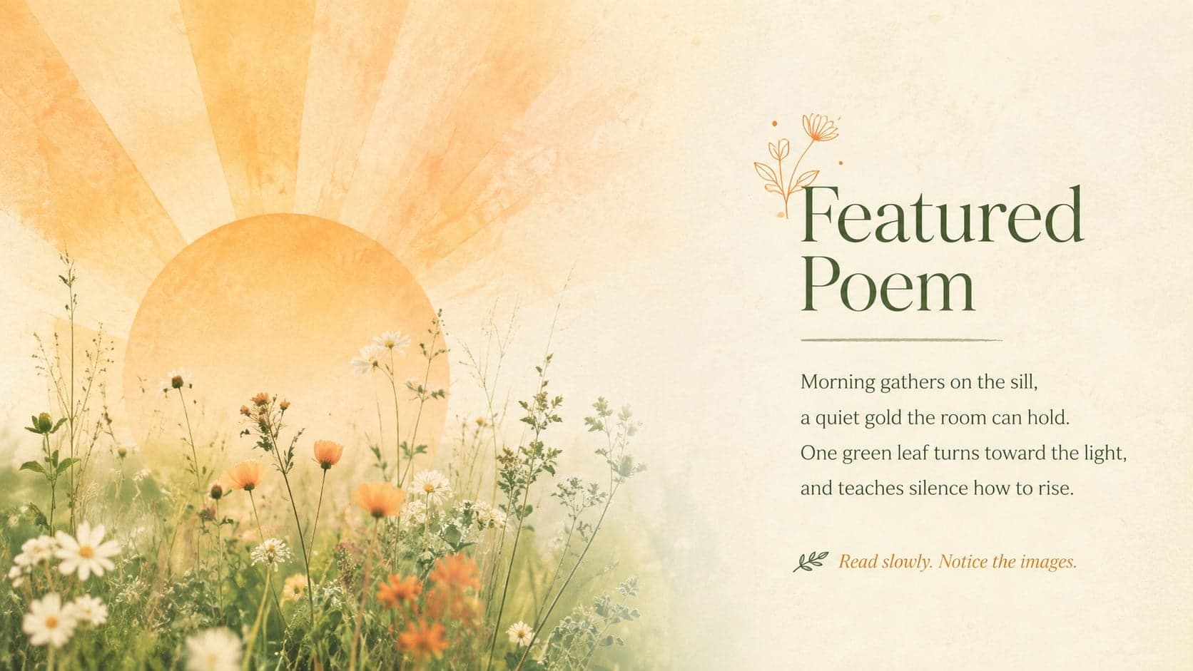 Editable poem showcase template displaying an original short poem beside orange and green florals.