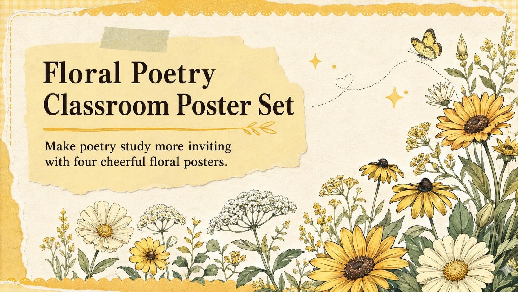 Cover for a floral poetry classroom poster set with cheerful yellow flowers and playful hand-drawn accents.