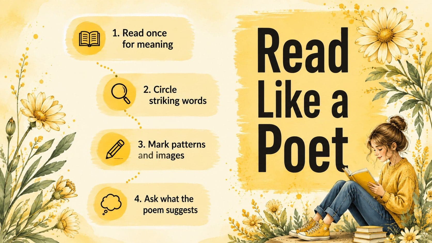 Yellow printable poetry analysis poster presenting four close-reading steps surrounded by original floral illustrations.