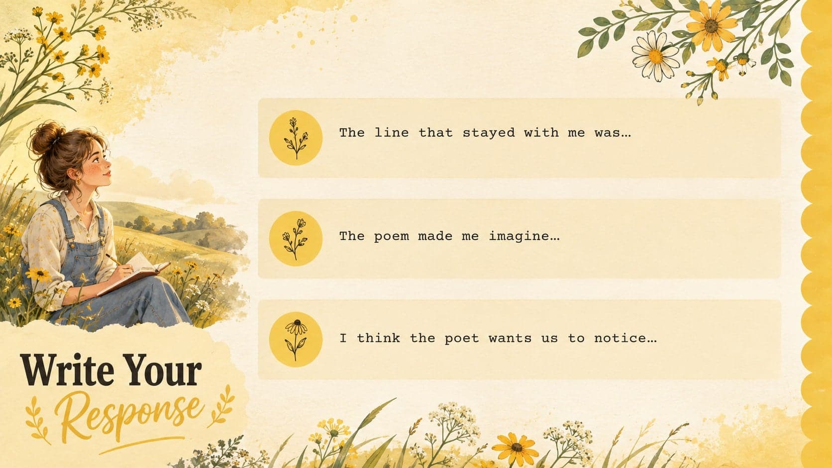 Editable poem study display with three written-response prompts on a bright yellow floral layout.