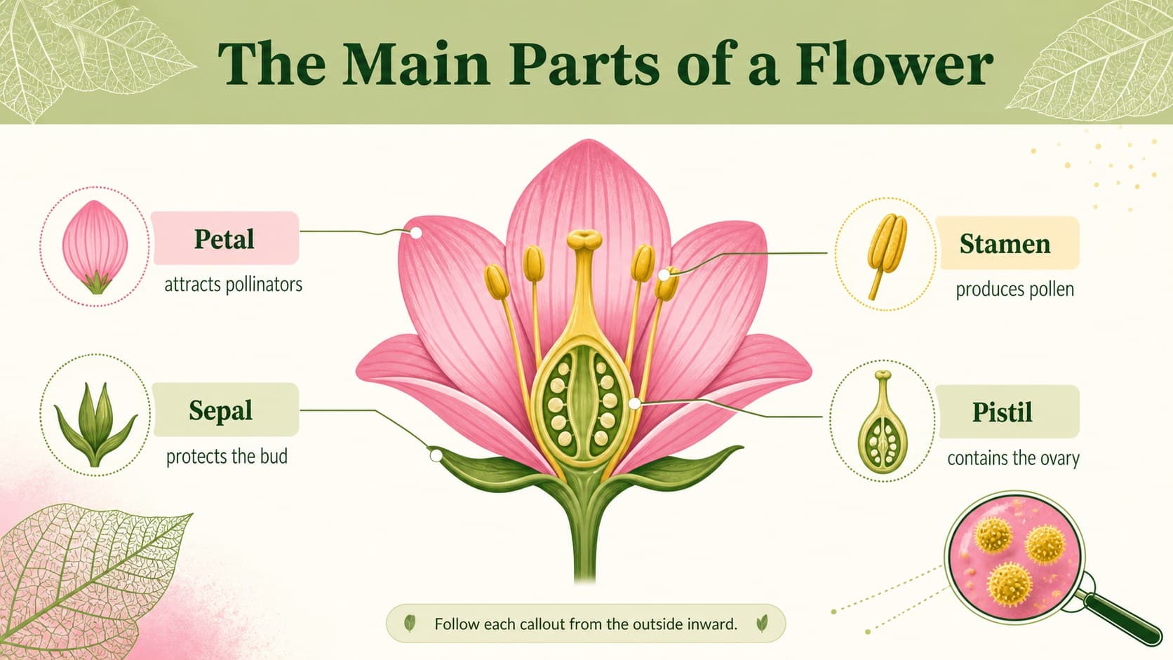 Labeled flower parts diagram presentation identifying petals, sepals, stamens, and pistil with color-coded callouts.