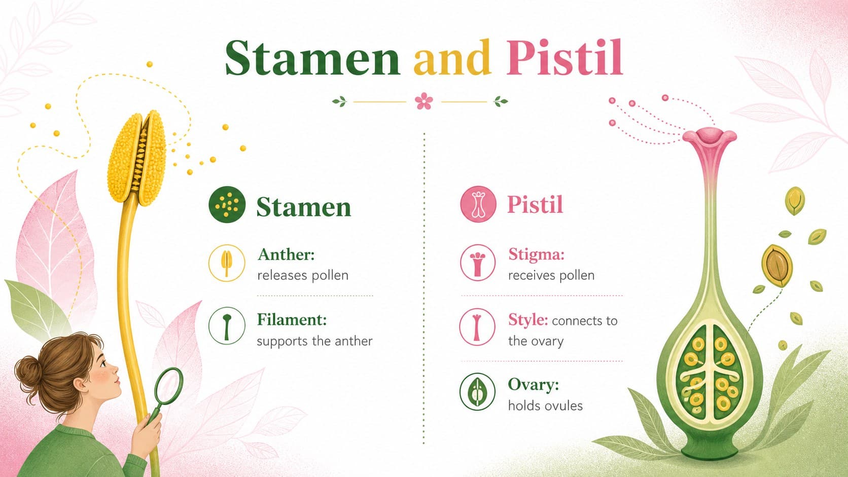 Plant reproduction classroom slide comparing the stamen and pistil with illustrated anatomy and concise definitions.
