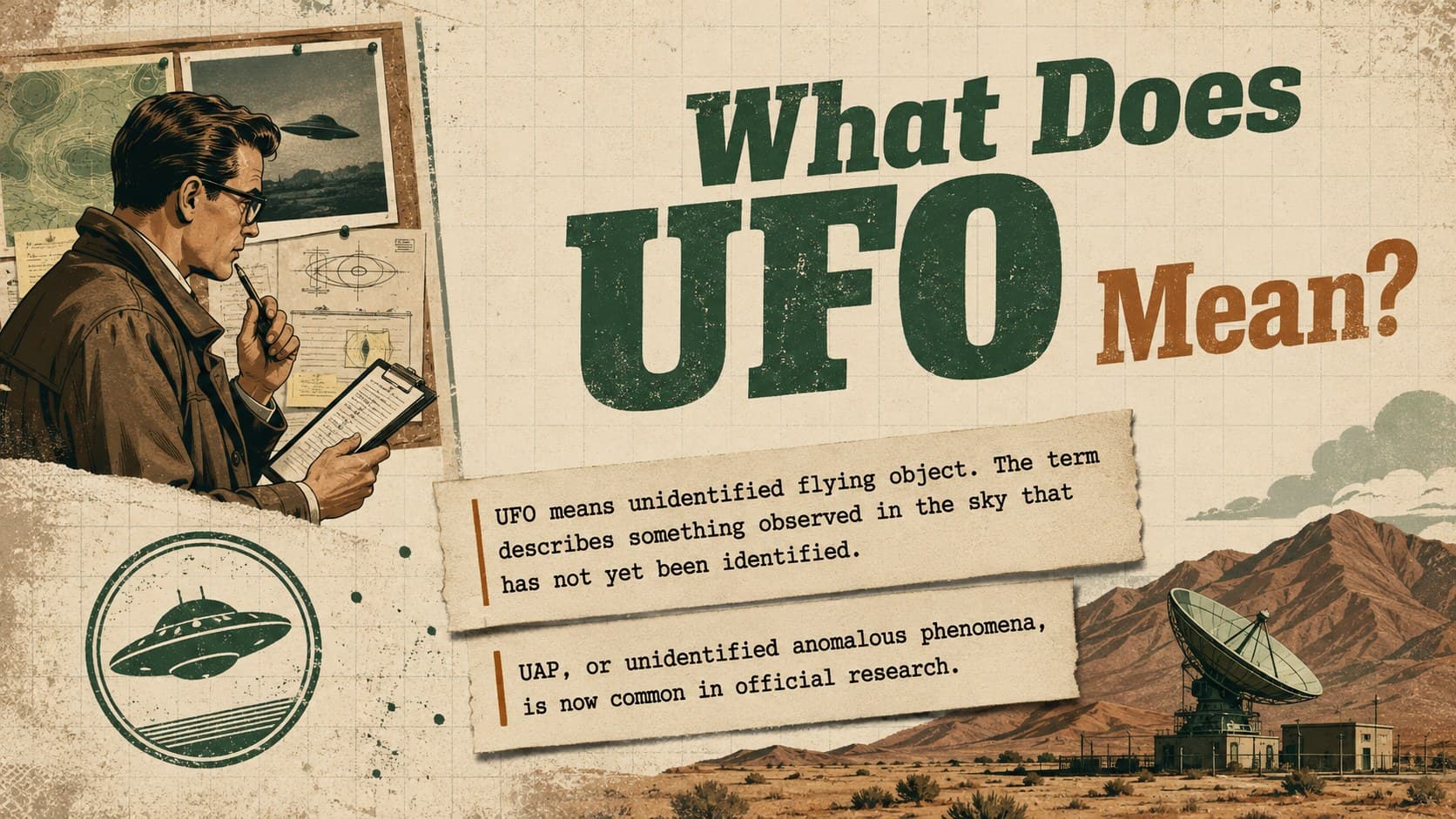Flying saucer history lesson slide introducing the meaning of UFO and the modern term UAP.