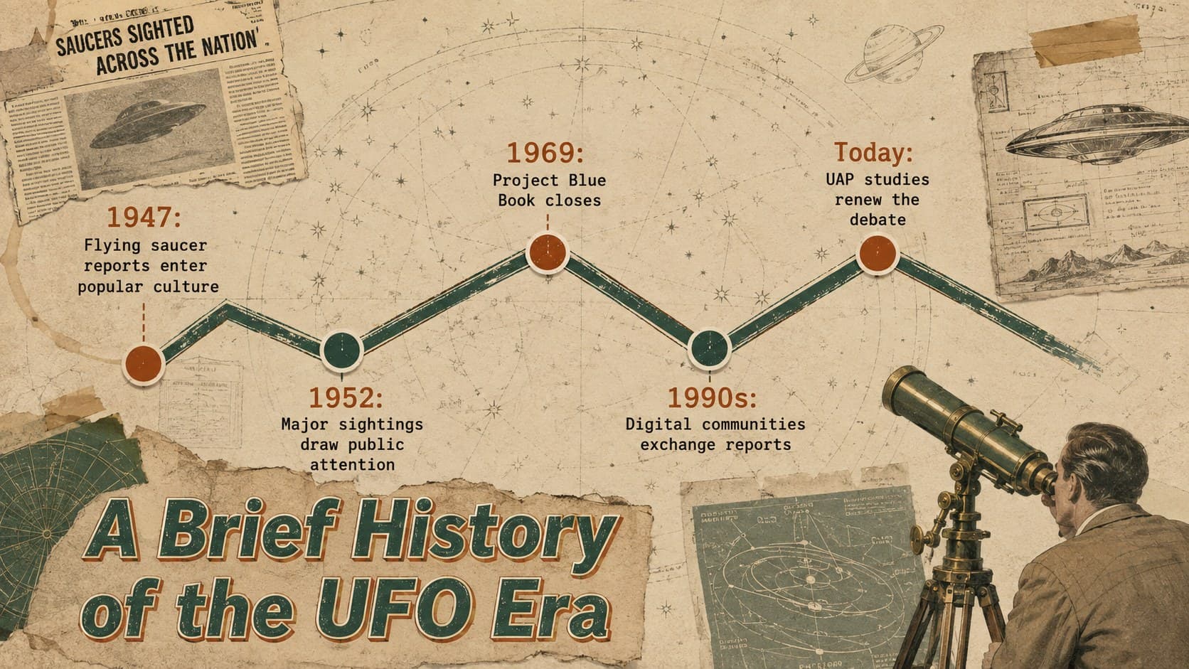 UFO timeline presentation template showing major moments from 1947 to the modern UAP era.