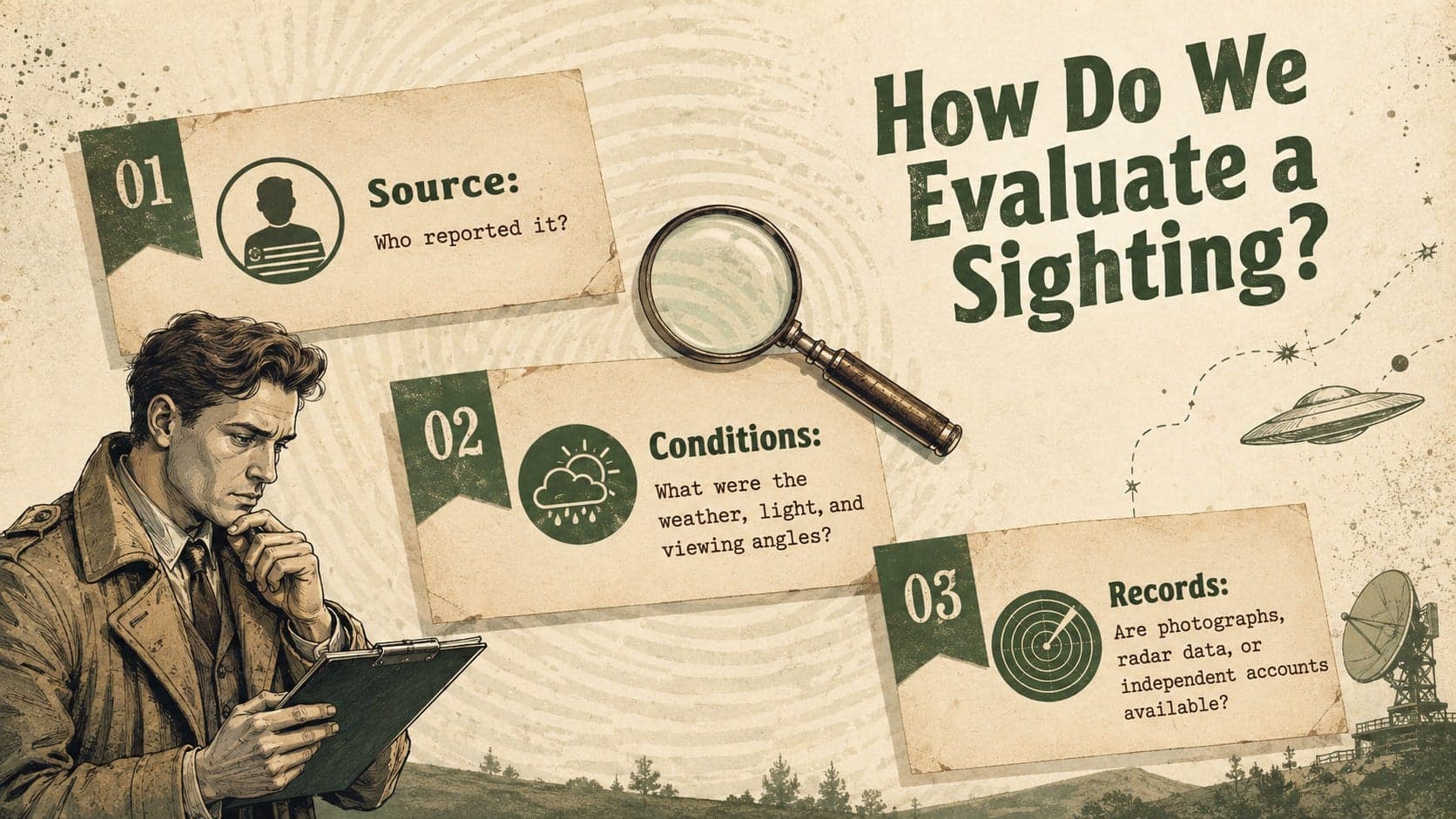Retro UFO education slide explaining how to evaluate an unexplained sighting report.