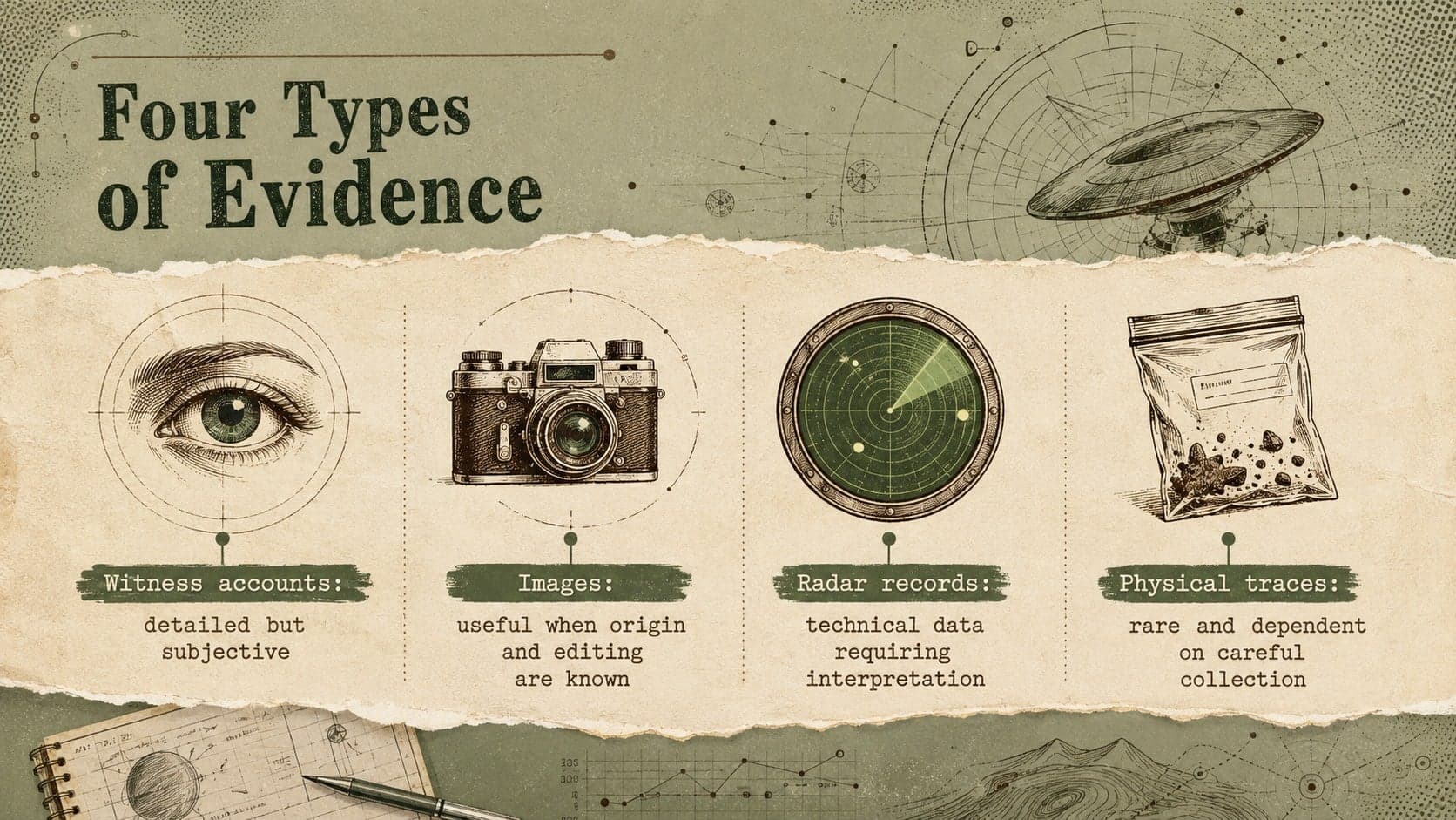 Unexplained sightings history lesson slide comparing witness accounts, images, radar records, and physical traces.