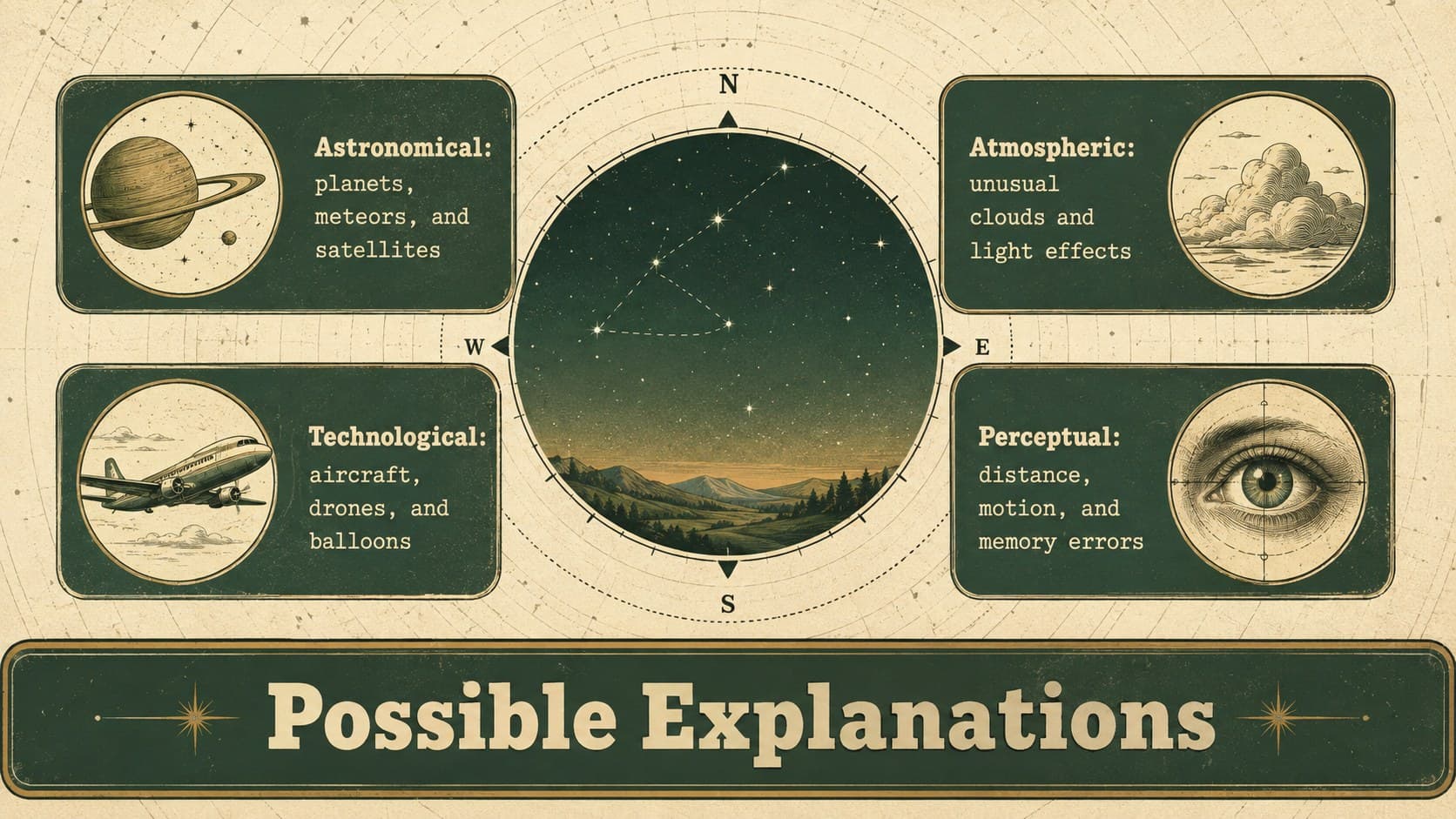 Vintage UFO education slide listing astronomical, atmospheric, technological, and perceptual explanations.