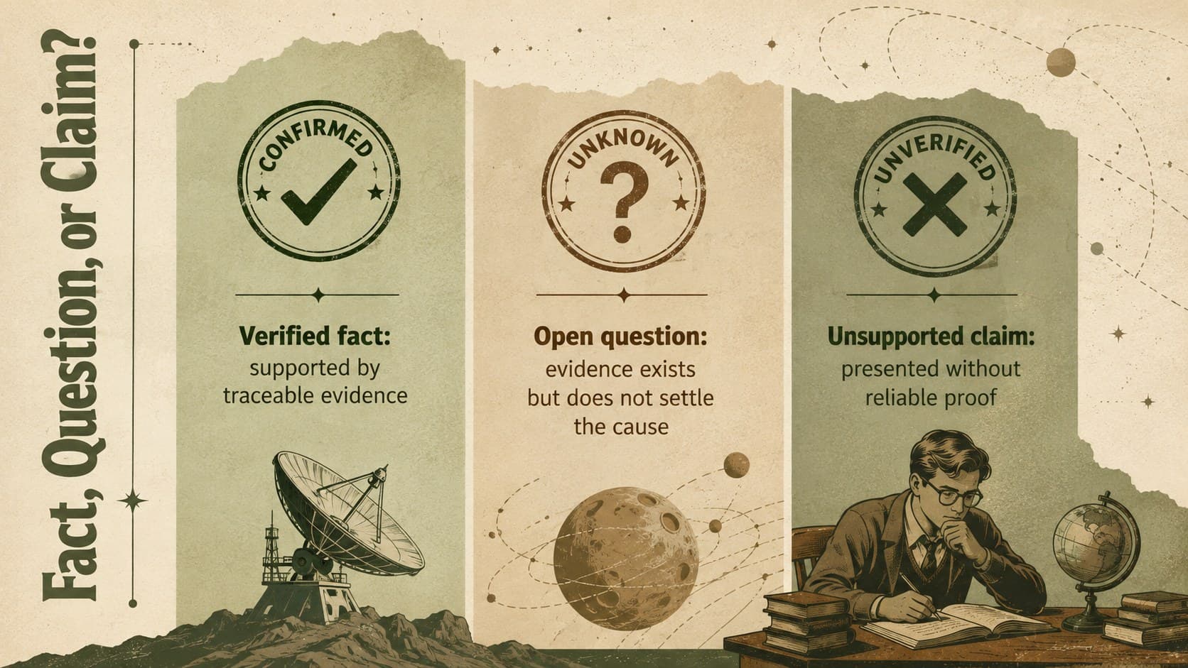 Flying saucer lesson slide contrasting verified facts, open questions, and unsupported claims.