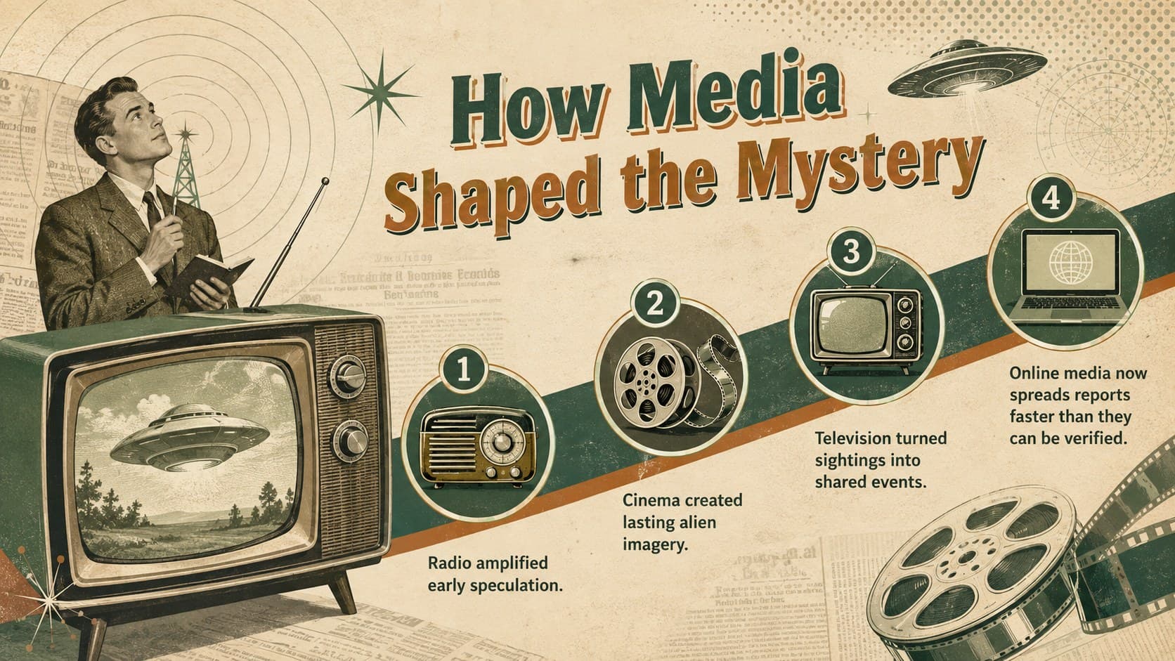 Retro alien history PowerPoint slide about the influence of radio, cinema, television, and online media.
