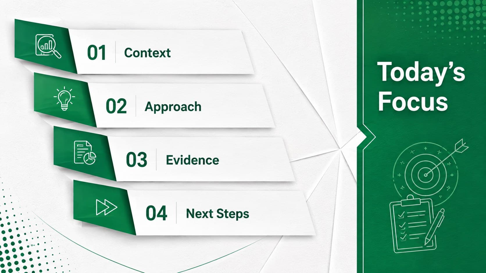 Green origami presentation template agenda with four numbered sections arranged around folded-paper accents.