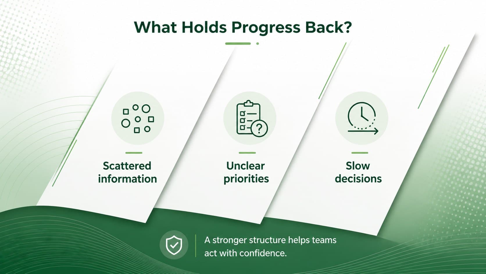 Creative paper cut business presentation slide outlining three challenges with angular green panels.