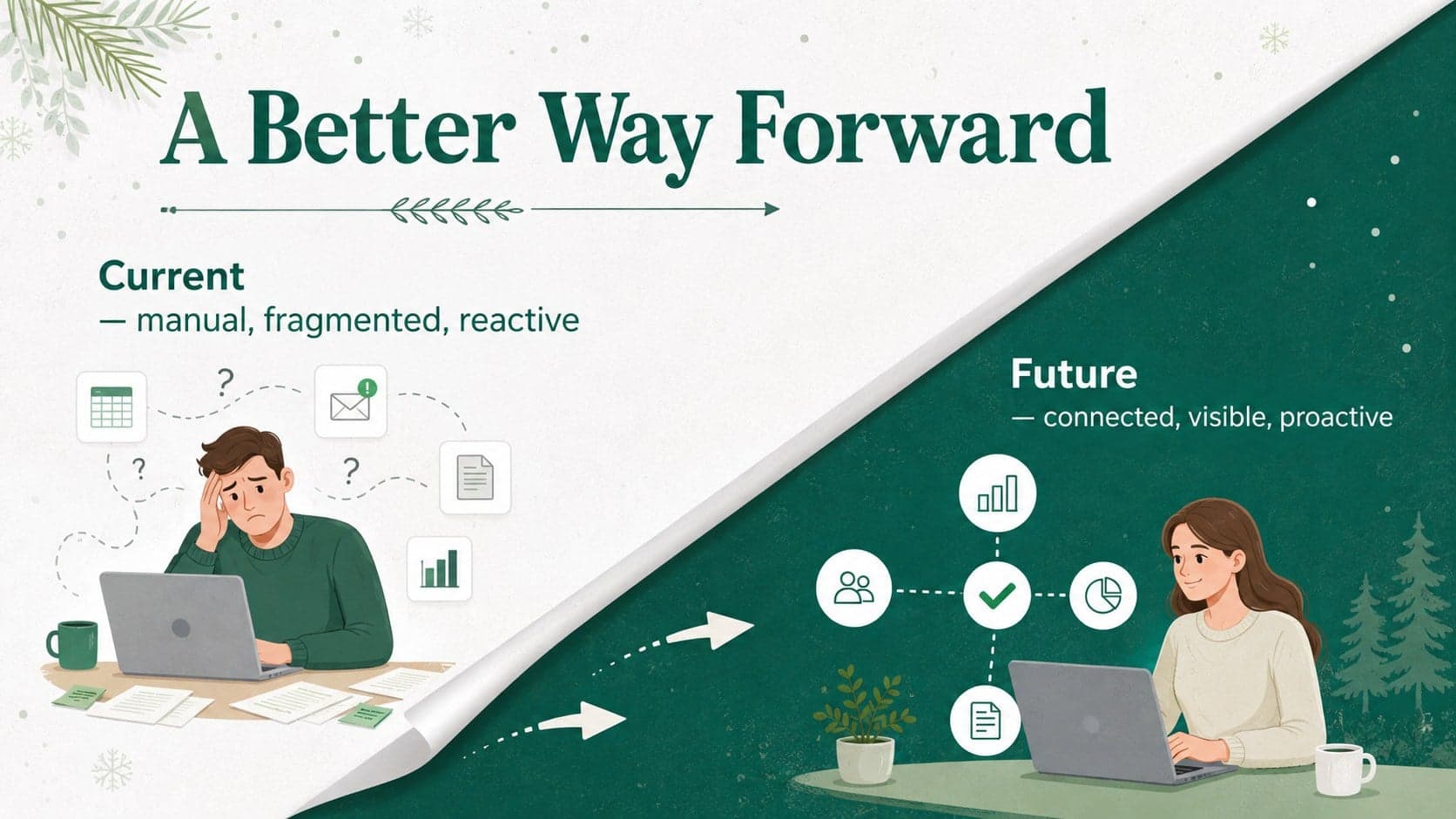 Editable geometric paper theme comparison slide contrasting current and future approaches.