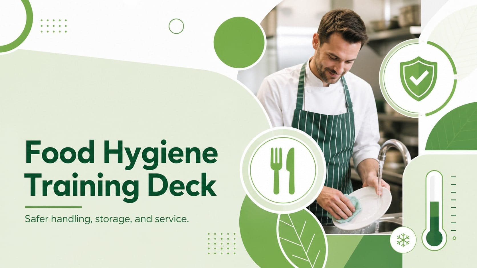 Green and white Food Hygiene Training Deck cover with modern geometric kitchen safety graphics.