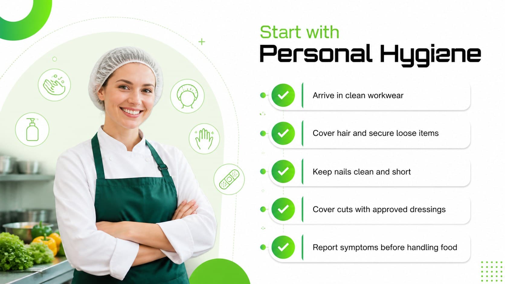 Kitchen hygiene presentation slide with a personal cleanliness checklist for food handlers.