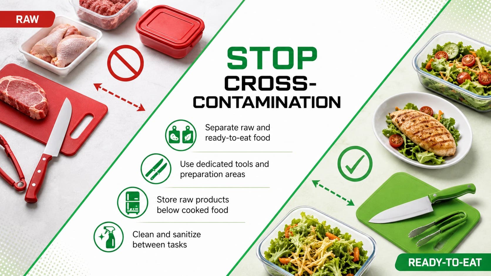 Cross-contamination prevention slide separating raw food, ready-to-eat items, tools, and storage areas.