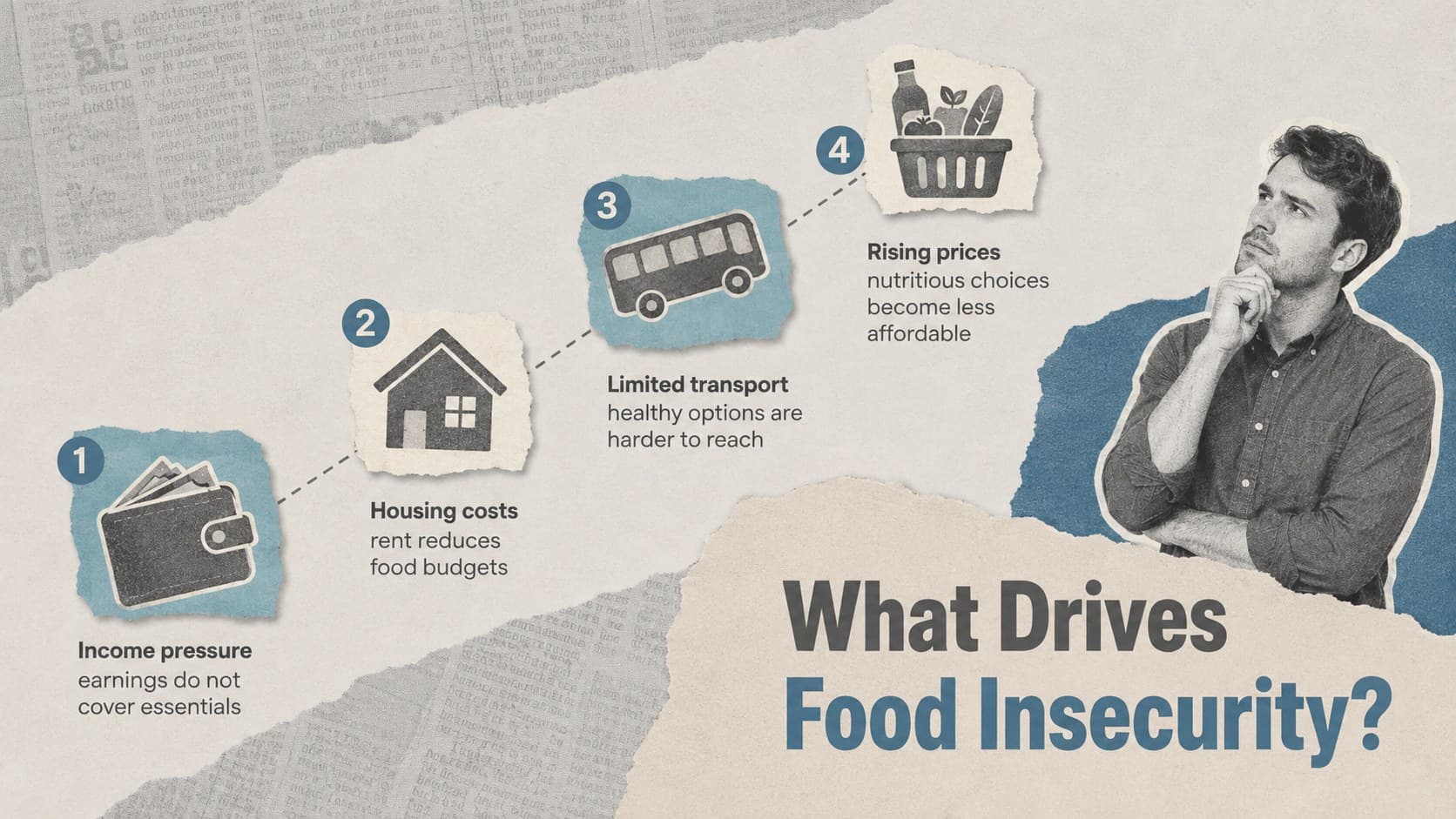 Hunger relief campaign slide explaining four interconnected drivers of food insecurity.