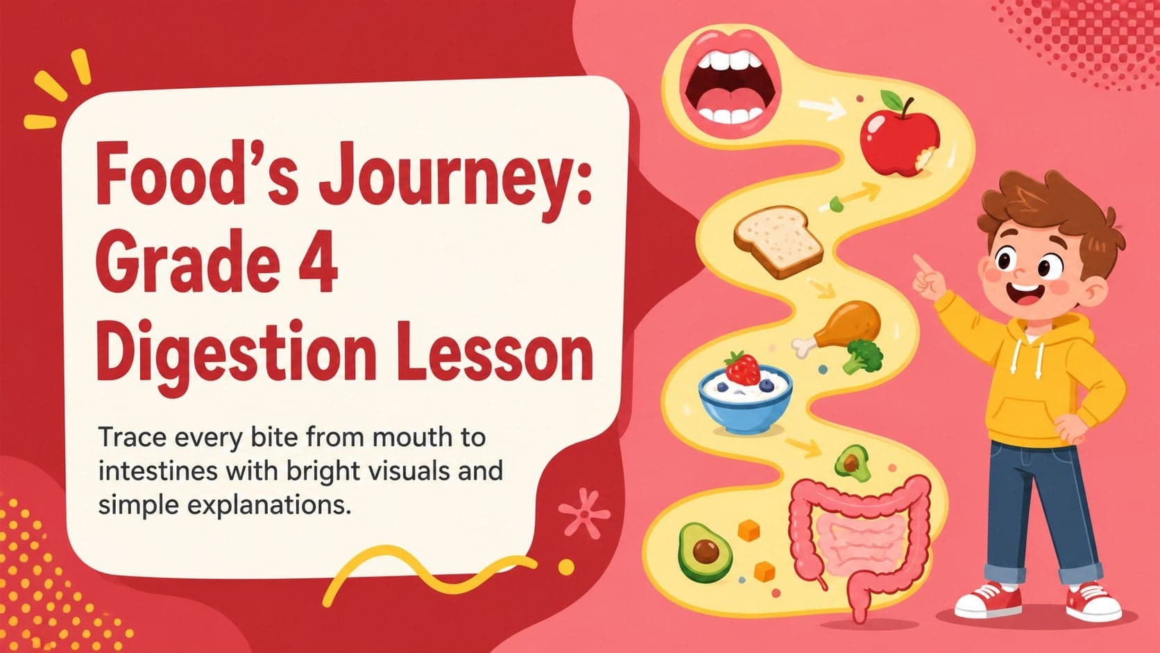 Colorful cover for a Grade 4 digestion lesson featuring playful food and digestive organ illustrations.