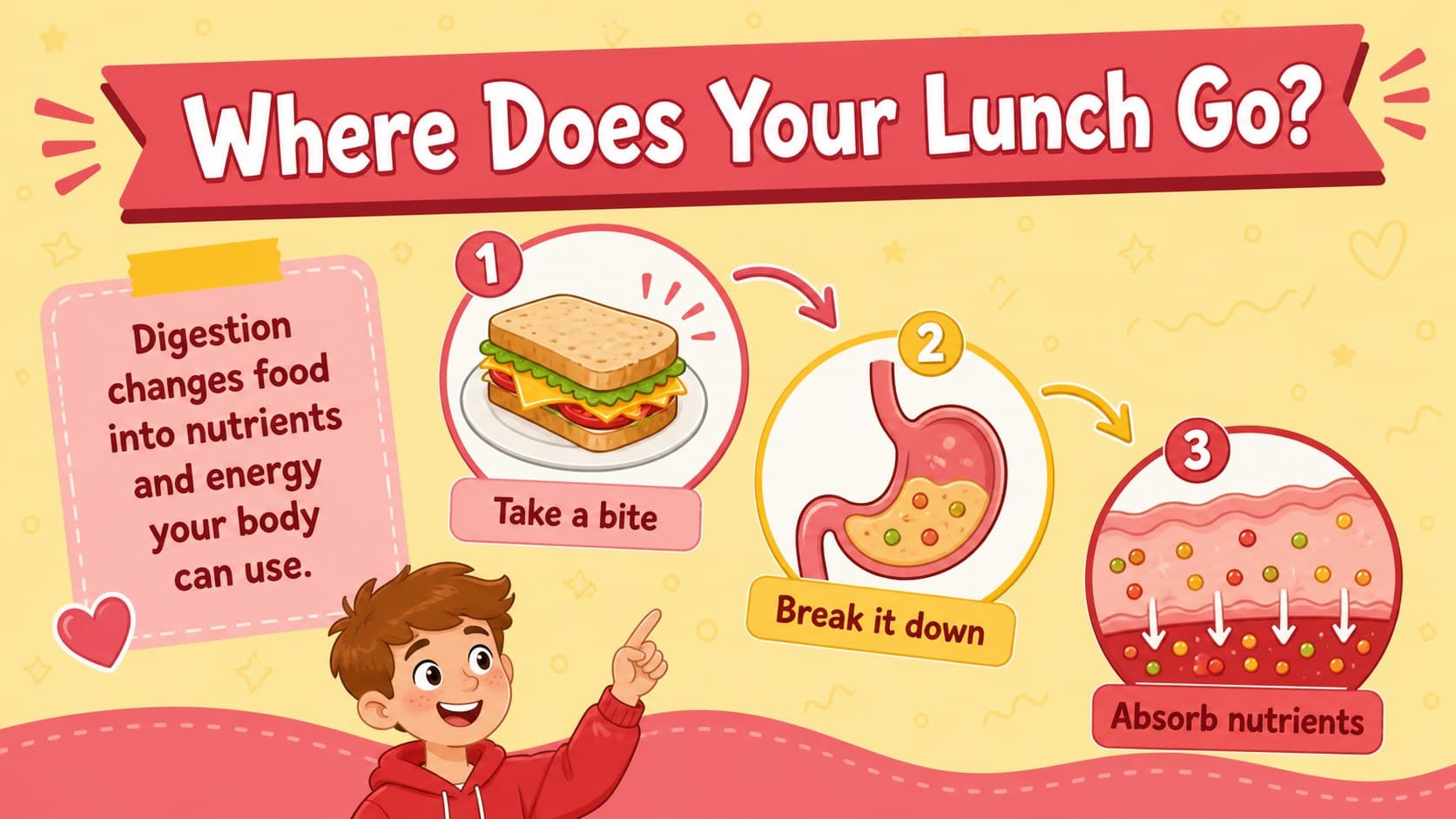 Grade 4 science slide asking what happens to food after a student takes a bite.