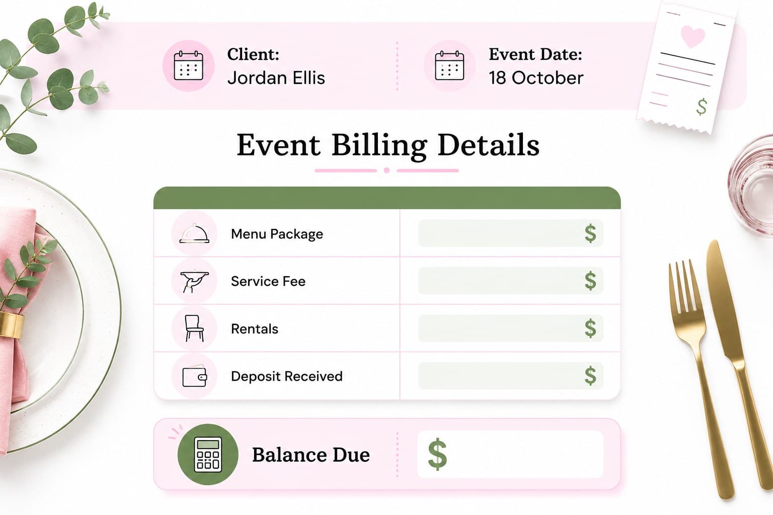 Editable event billing spreadsheet layout showing customer details, menu items, quantities, and payment information.