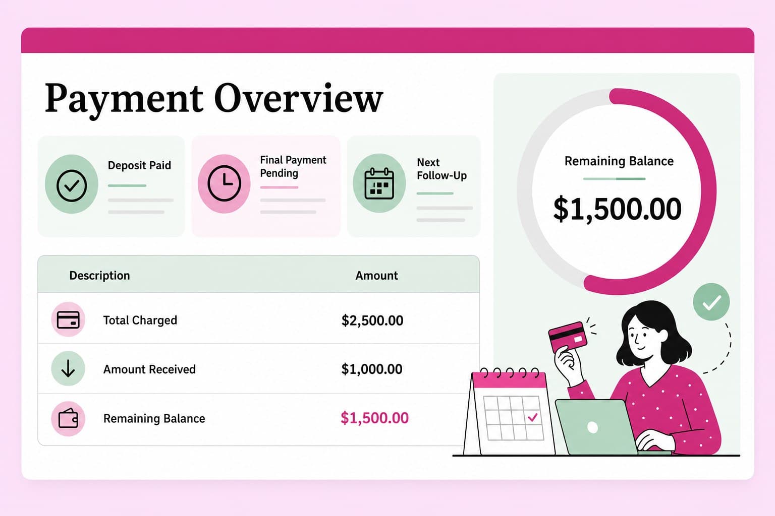 Catering payment tracker slide with an itemized order table and highlighted paid, pending, and balance amounts.